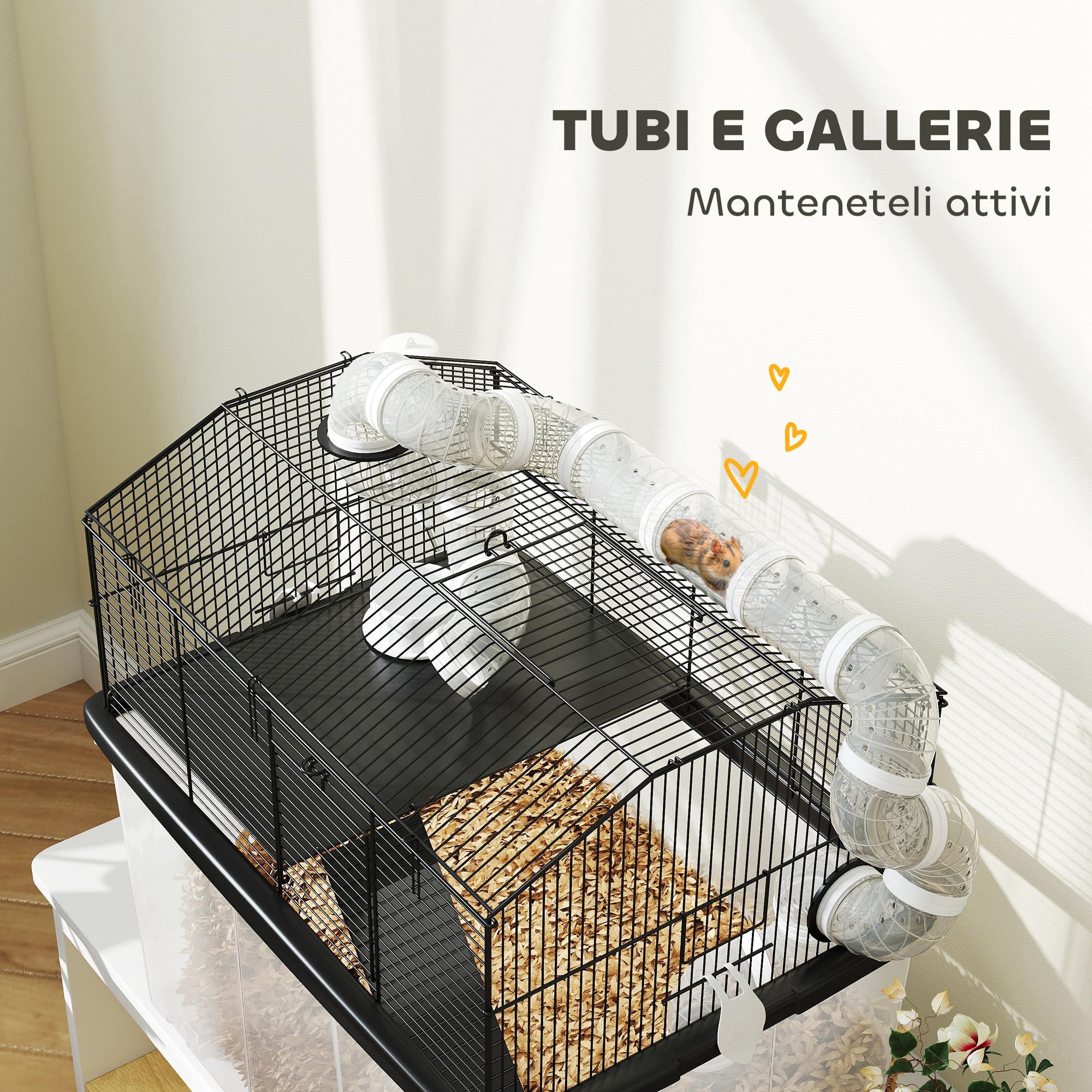 PawHut Gabbia per Criceti a 2 Livelli Base Profonda 31 cm 58x43x57 cm Nero | Casetta per Gerbilli, Ruote, Tubi, Ciotola, Bottiglia, Rampa