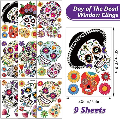 Miniatura 5 de Whaline 9 hojas de calcomanías para ventana con diseño de calavera de azúcar de doble cara para Halloween, patrones de flores coloridas, calcomanías