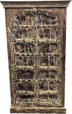 Antique Rustic Cabinet Arch Doors Boho Eclectic India Furniture Hand Carved Wood Iron, Farmhouse Design