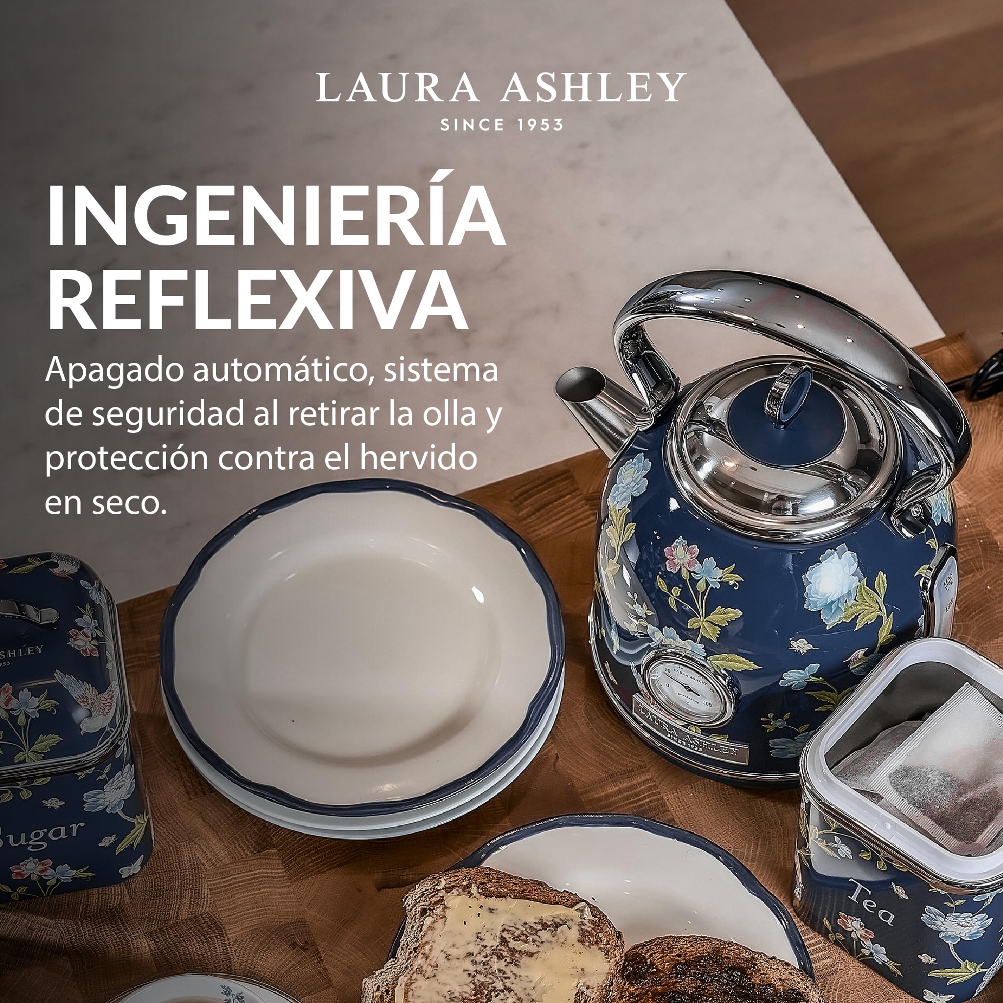 VQ Laura Ashley Elveden Navy 1,7 L Hervidor de Agua Eléctrico de Cúpula | Tetera Eléctrica de Gran Capacidad, 2,2 kW Ebullición Rápida, Protección contra Sobrecalentamiento e Indicador de Temperatura