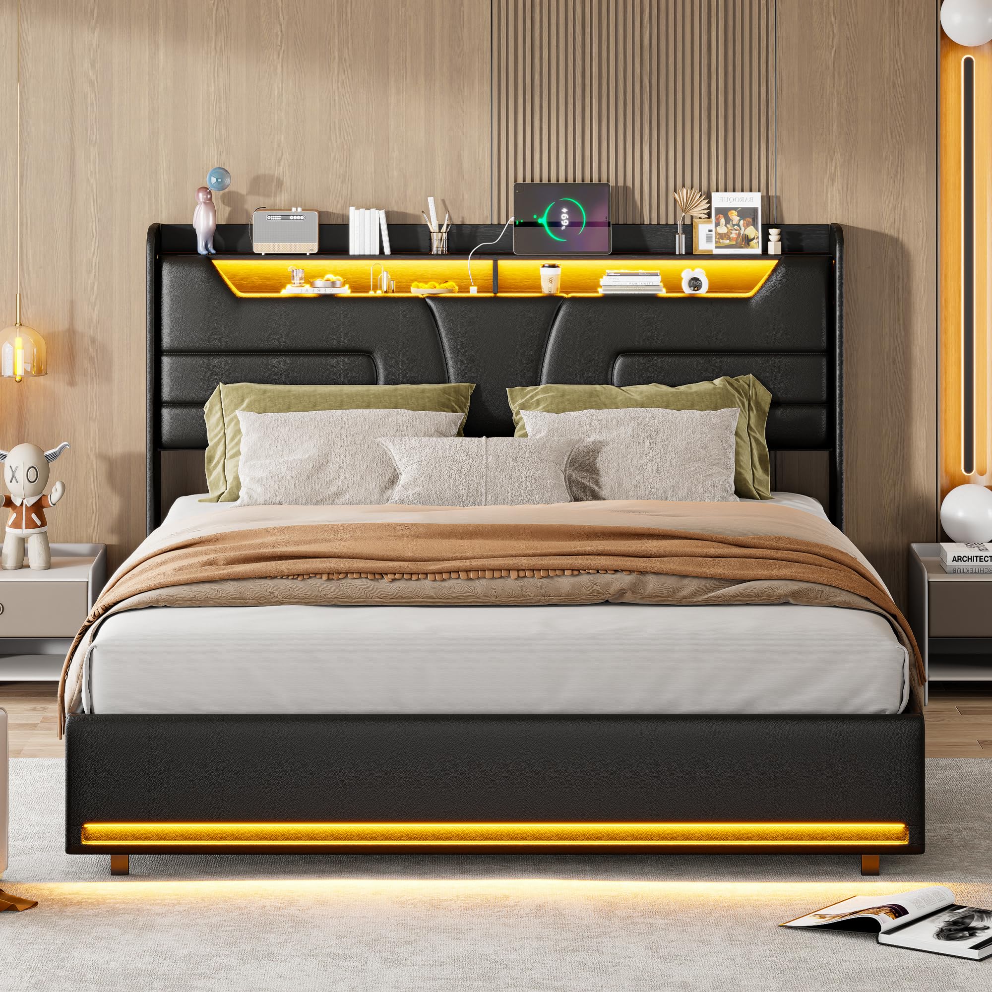 Letto Matrimoniale 160x200 cm Imbottito con Contenitore, Sistema di Sollevamento a Gas, Tessuto in PU Nero, LED, Ricarica USB, Senza Materasso (Nero-C, 160x200cm)