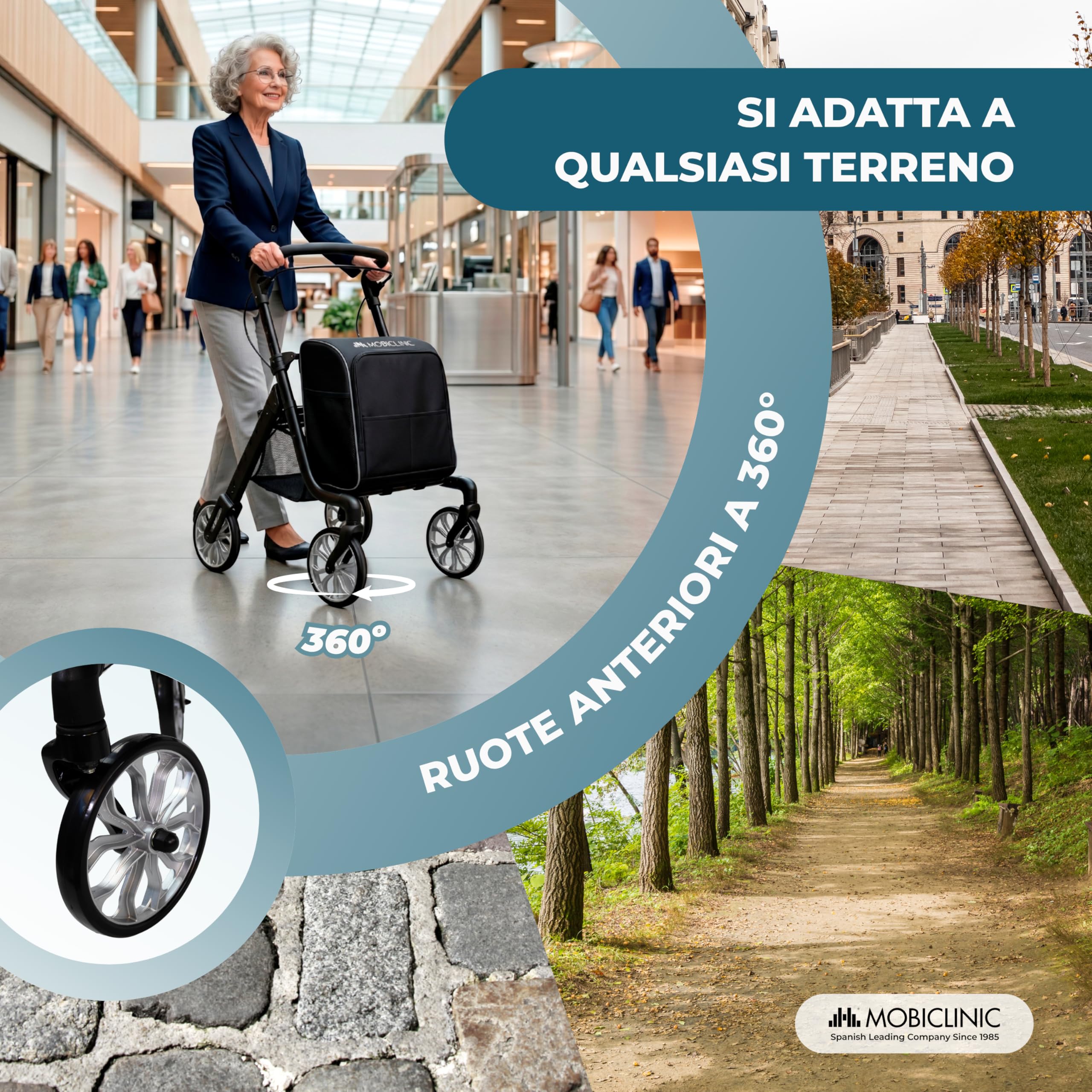 Mobiclinic®, Deambulatore Pieghevole + Carrello della Spesa, 2 in 1, Freno di Stazionamento, Regolabile in 6 Altezze, Maniglia Singola, Cestino e Borsa XXL Rimovibili, Ruote 360º, Alluminio, Formen
