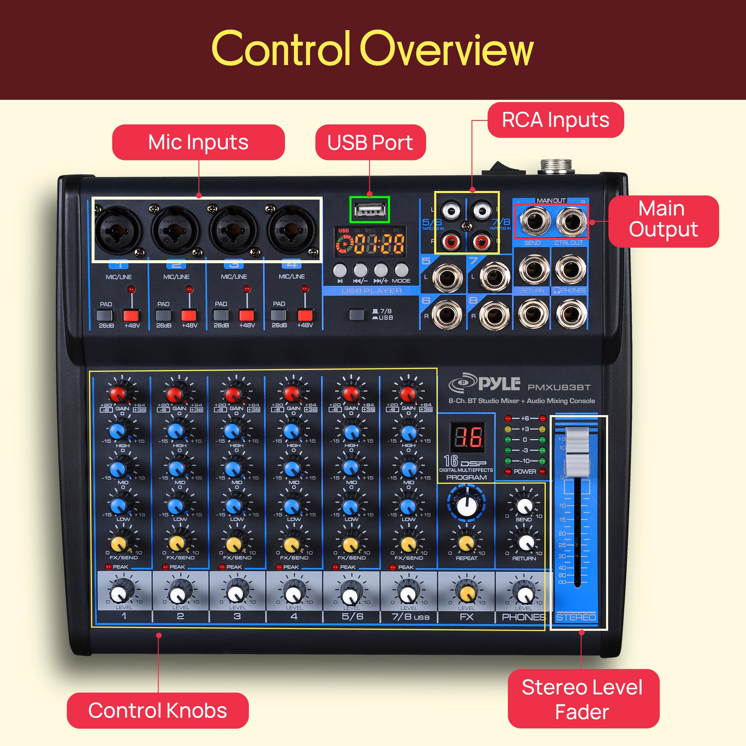 Pyle 8-CH Studio per mixer DJ [interfaccia audio per mixare sistema audio] wireless Bluetooth Streaming | USB/interfaccia connessione computer | Supporto | MP3 digitale + 48 V Phantom Power (pmxu83bt)