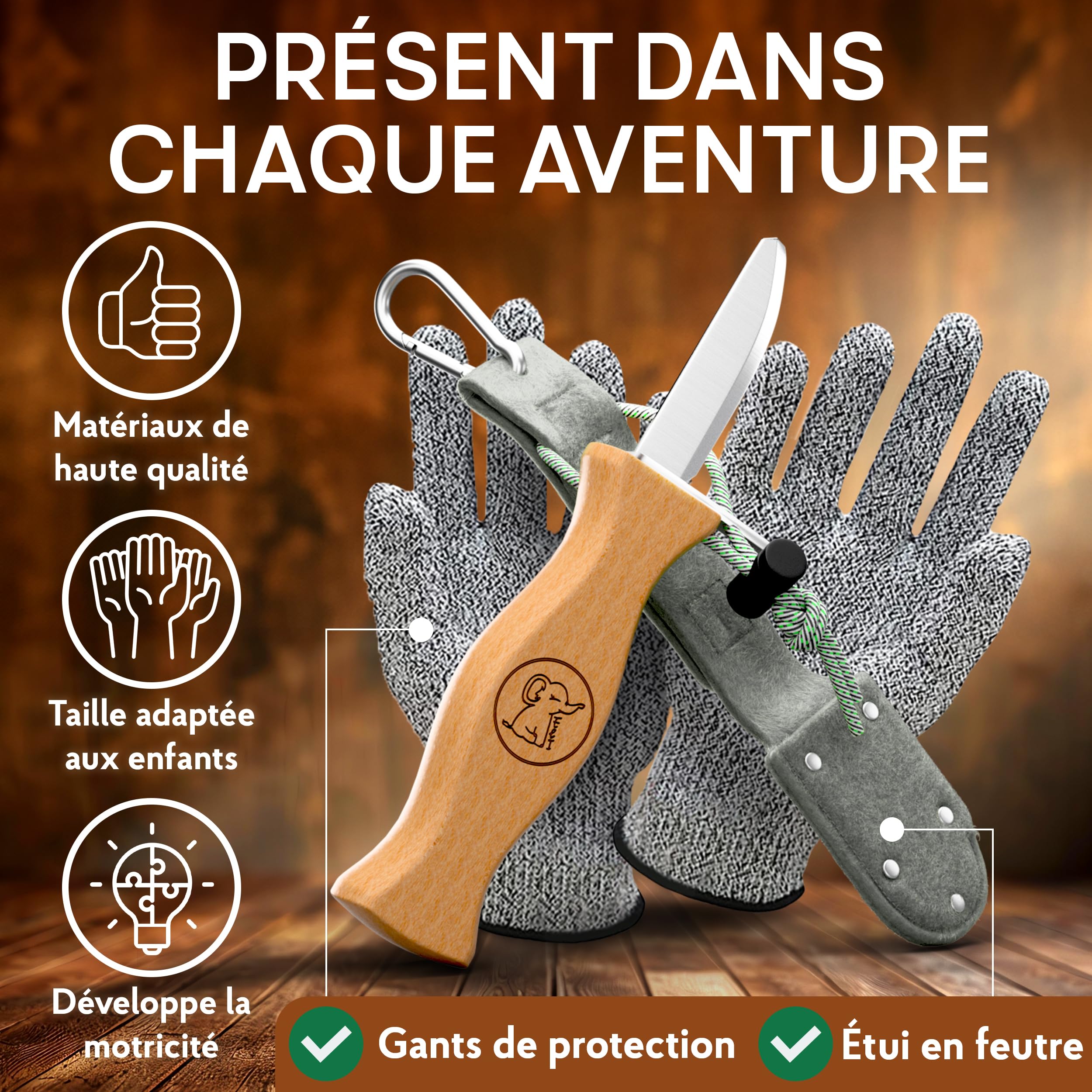 Eli® Couteau de sculpture pour enfant à partir de 6 ans - Avec sac en feutre - Kit de sculpture de qualité supérieure avec gants résistants aux coupures