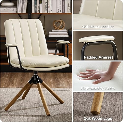 Miniatura 34 de Art Leon Silla moderna de mediados de siglo, silla giratoria con patas de roble sin ruedas, sillón de piel sintética para espacios pequeños, hogar,