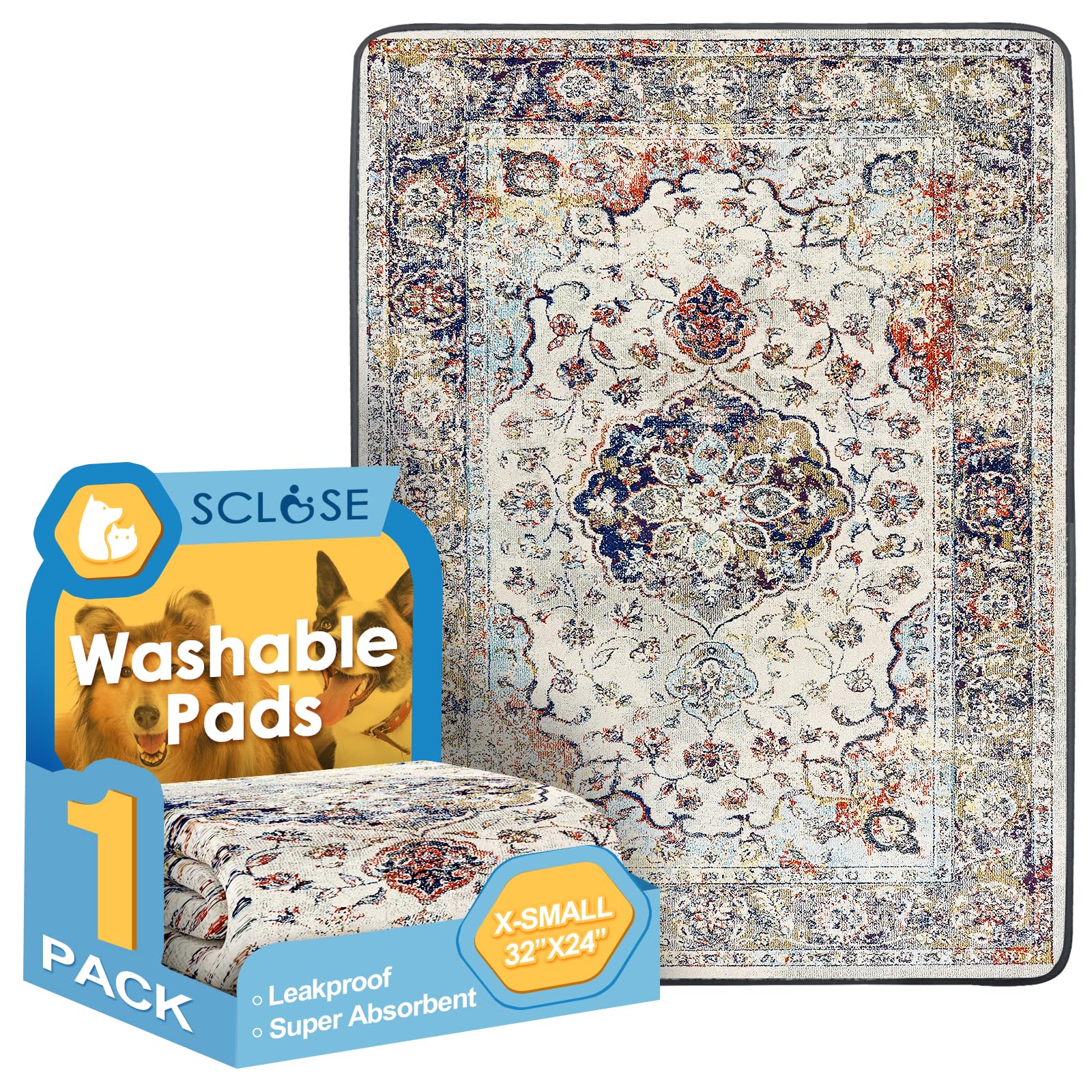 SCLOSE Washable Pee Pad for Dogs, 32" x 24" Reusable Puppy Pads Waterproof Dog Rugs, Super Absorbent, Leakproof, Dog Crate Pad, Playpen Mat, Whelping Pads, Vintage Medallion