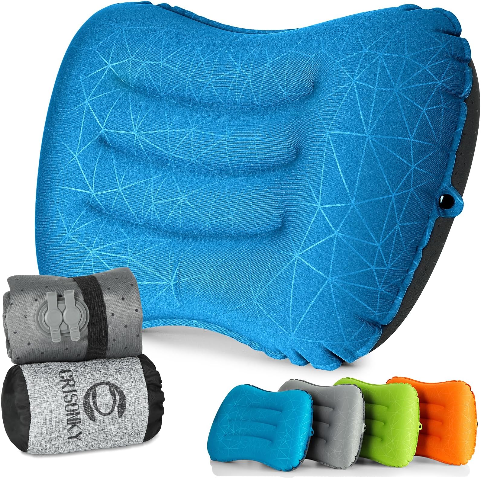 Crisonky Camping Pillow - Inflatable Pillow - Travel Pillows for Backpacking & Airplane, Lumbar Support 2.0 Blow Up Pillow, Ultralight Compressible, Comfortable, Ergonomic Pillows