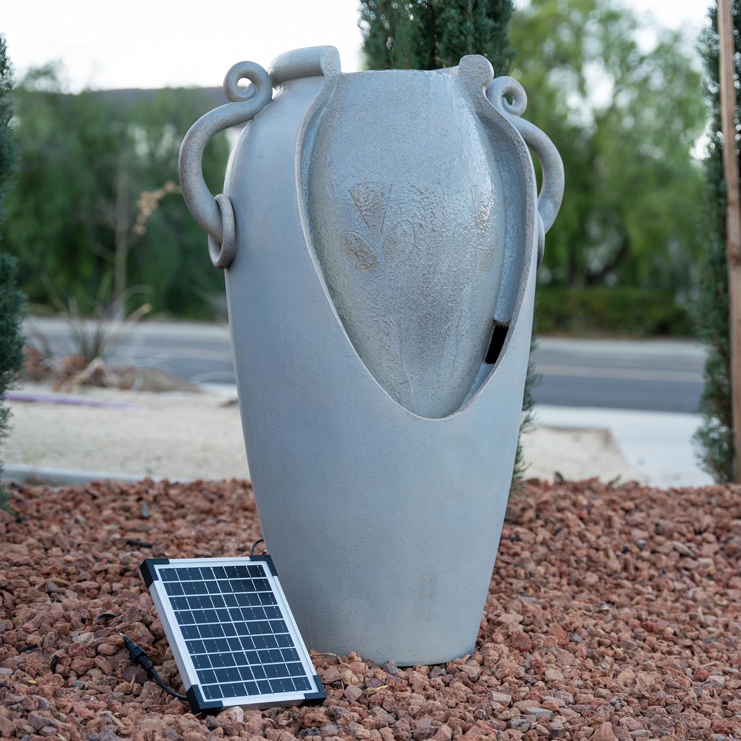 Xbrand 34" Solar Pot Fountain, Amphora-Inspired Design, Outdoor Water Fountain, Polyresin, Gray