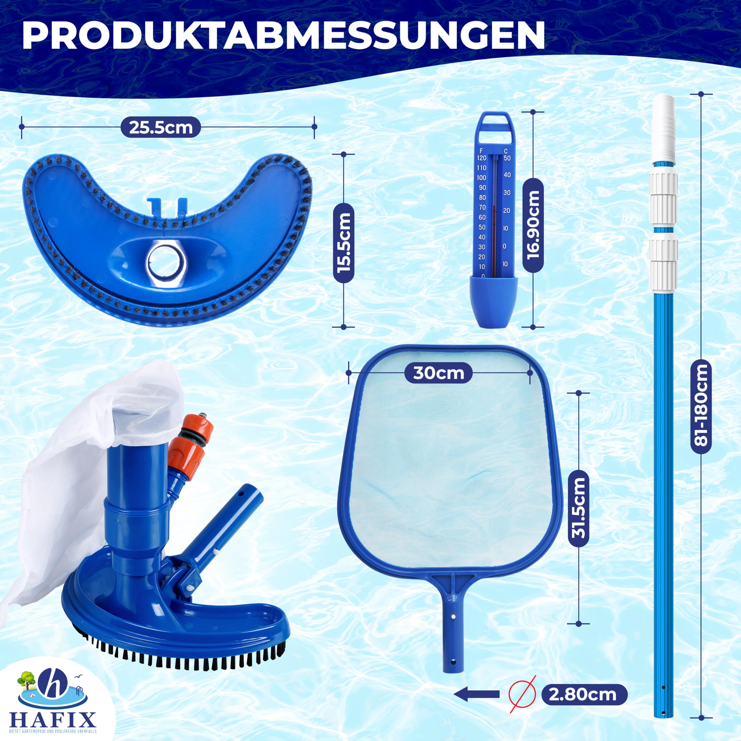 Pool Sauger Reinigungsset Poolsauger mit Kescher, Teleskopstange, Thermometer & Bürste. 4pc Bodensauger Pool Handpoolsauger. Pool Cleaner Sauger Poolreinigungsset komplett Reinigung Boden.