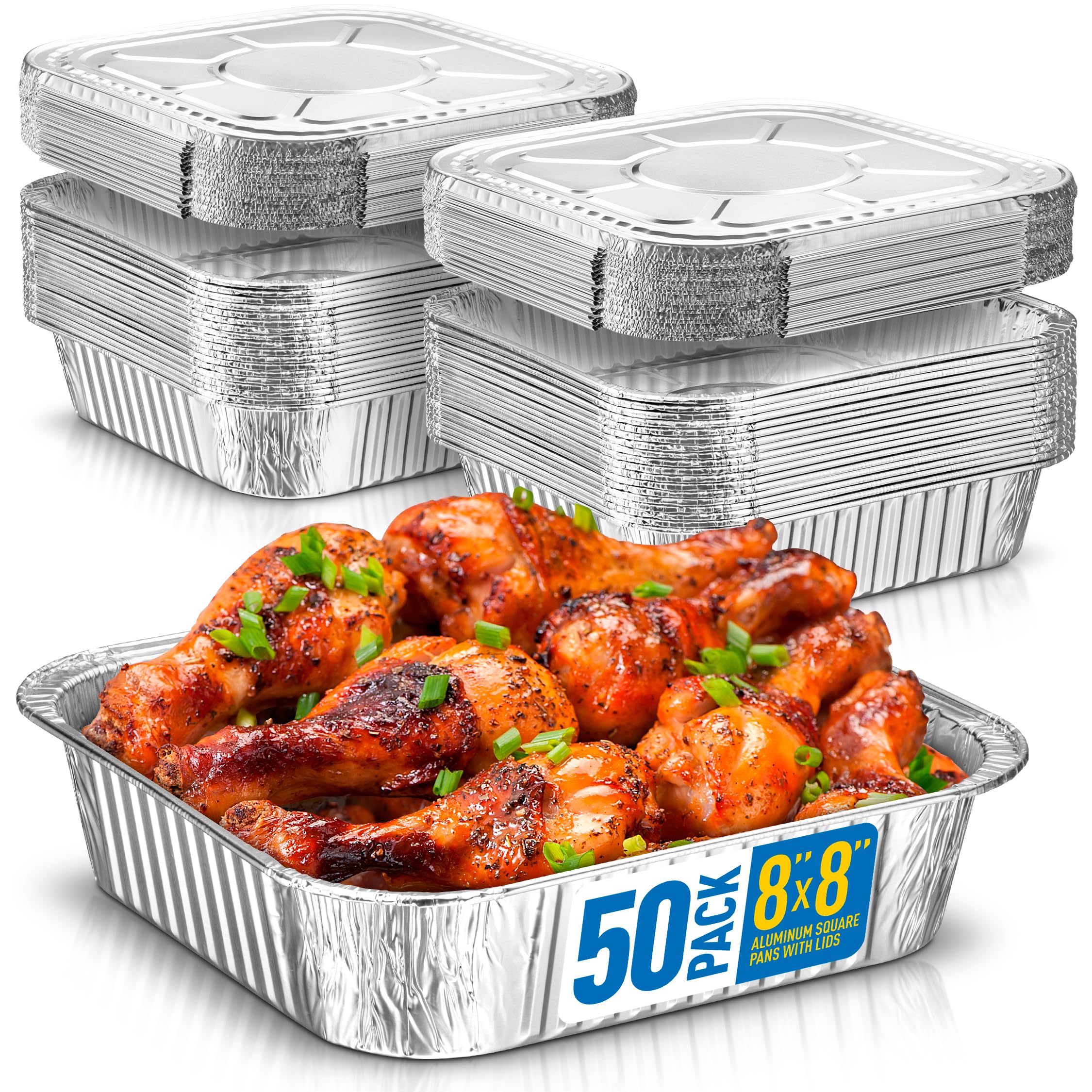 8x8 Disposable Aluminum Pans With Lids - 50 Pack Foil Pans For Cooking, Baking Cakes, Roasting &amp; Homemade Breads - Disposable Food Containers With Foil Lids