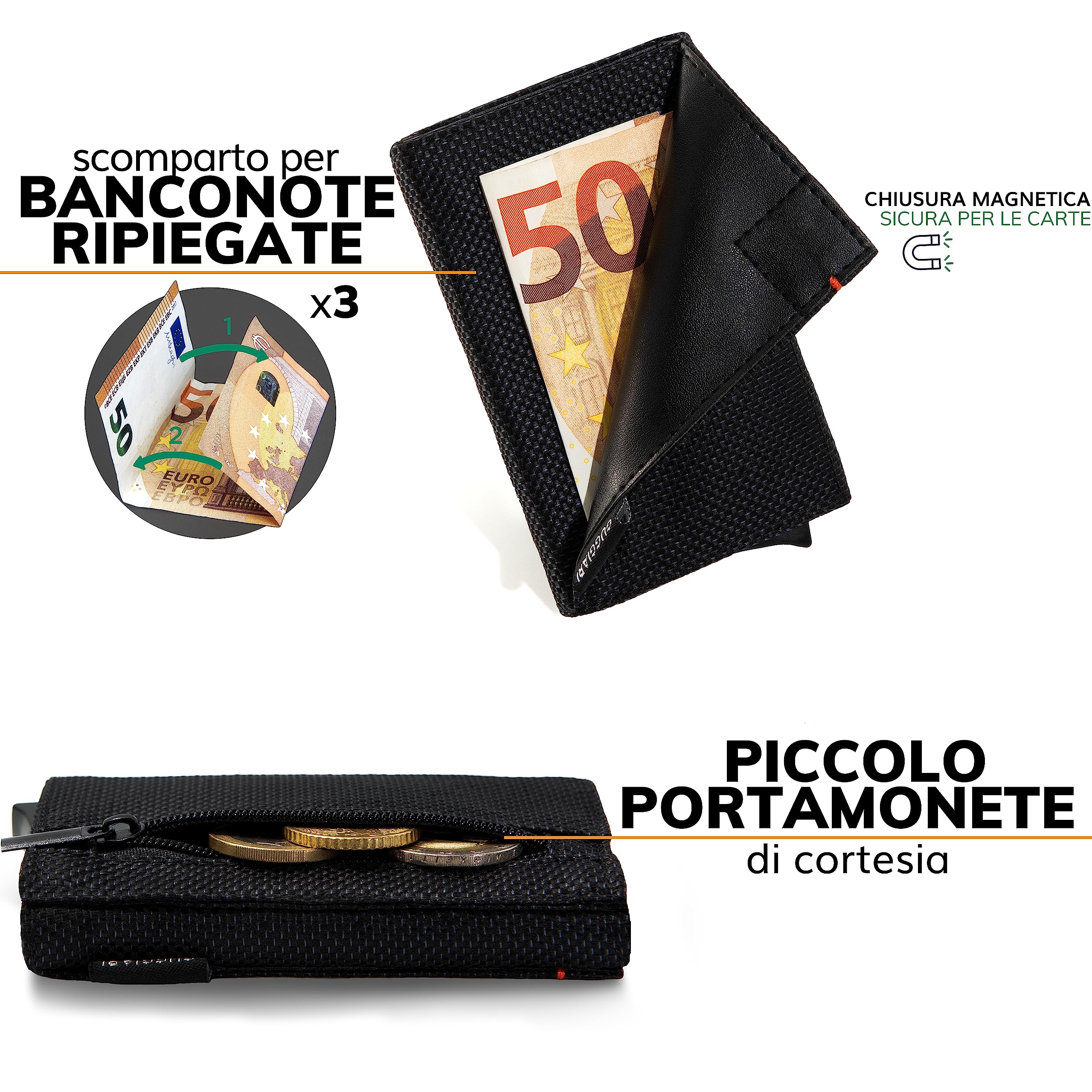 GUGGIARI® Porta Carte Credito Uomo - Portacarte RFID in Alluminio con Porta Monete e Tasca di Cortesia con Chiusura Magnetica - Portafoglio Uomo Slim - Black Carbon