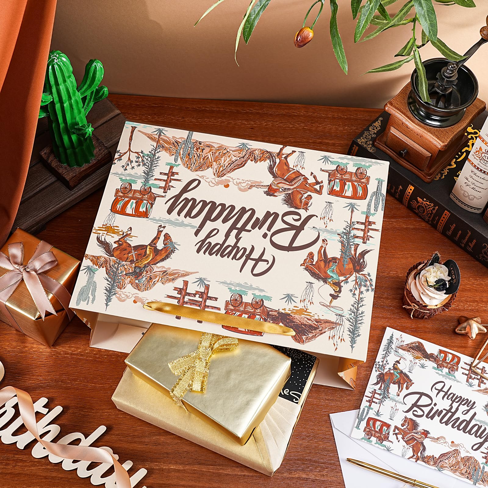 WRAPAHOLIC 13" Cowboy Birthday Gift Bags with Tissue Paper and Card - Brown Cowboy Theme Paper Bags for Men Birthday Western Theme Party Rodeo Stuffer