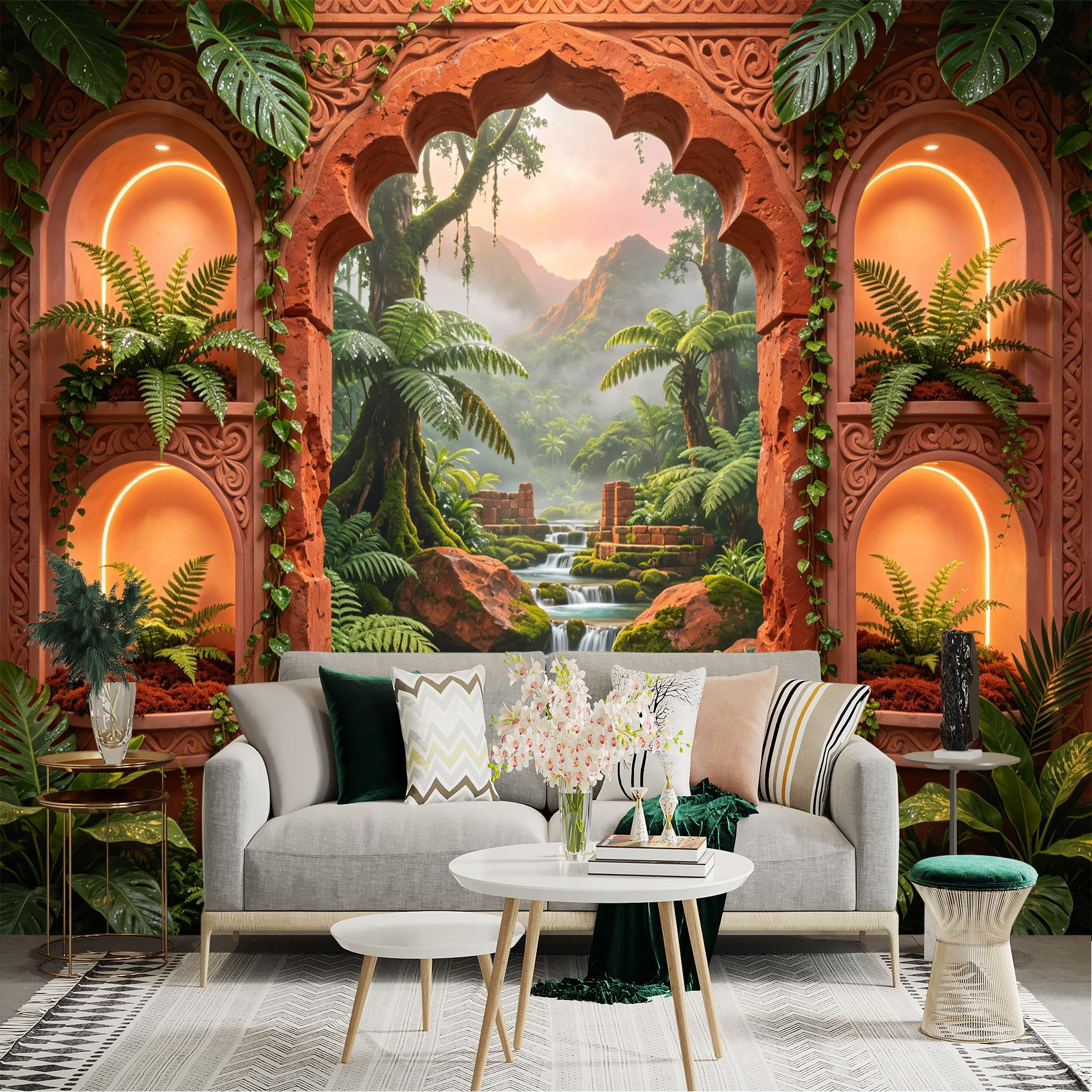 Custom Size Wall Sticker Mural， Tropical Jungle Waterfall with Red Stone Arch and Fern Plants， for wall Decoration， peelandstick wall Decals.