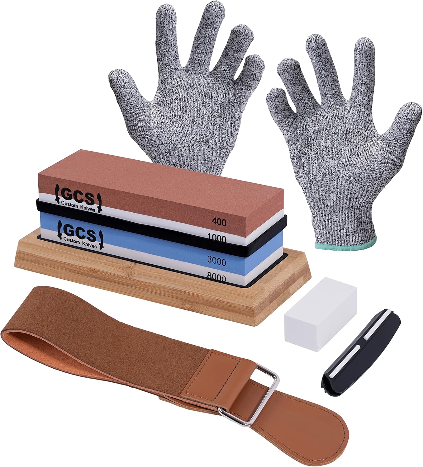 GCS Knives Sharpening Stone Set Dual Grit Whetstone 400/1000 3000/8000 Waterstone Set - Kitchen Knife Sharpener Wet Stones Kit - Flattening Stone, Angle Guide, Leather Strop, Cut Resistant Gloves