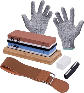 GCS Knives Sharpening Stone Set Dual Grit Whetstone 400/1000 3000/8000 Waterstone Set - Kitchen Knife Sharpener Wet Stones Kit - Flattening Stone, Angle Guide, Leather Strop, Cut Resistant Gloves