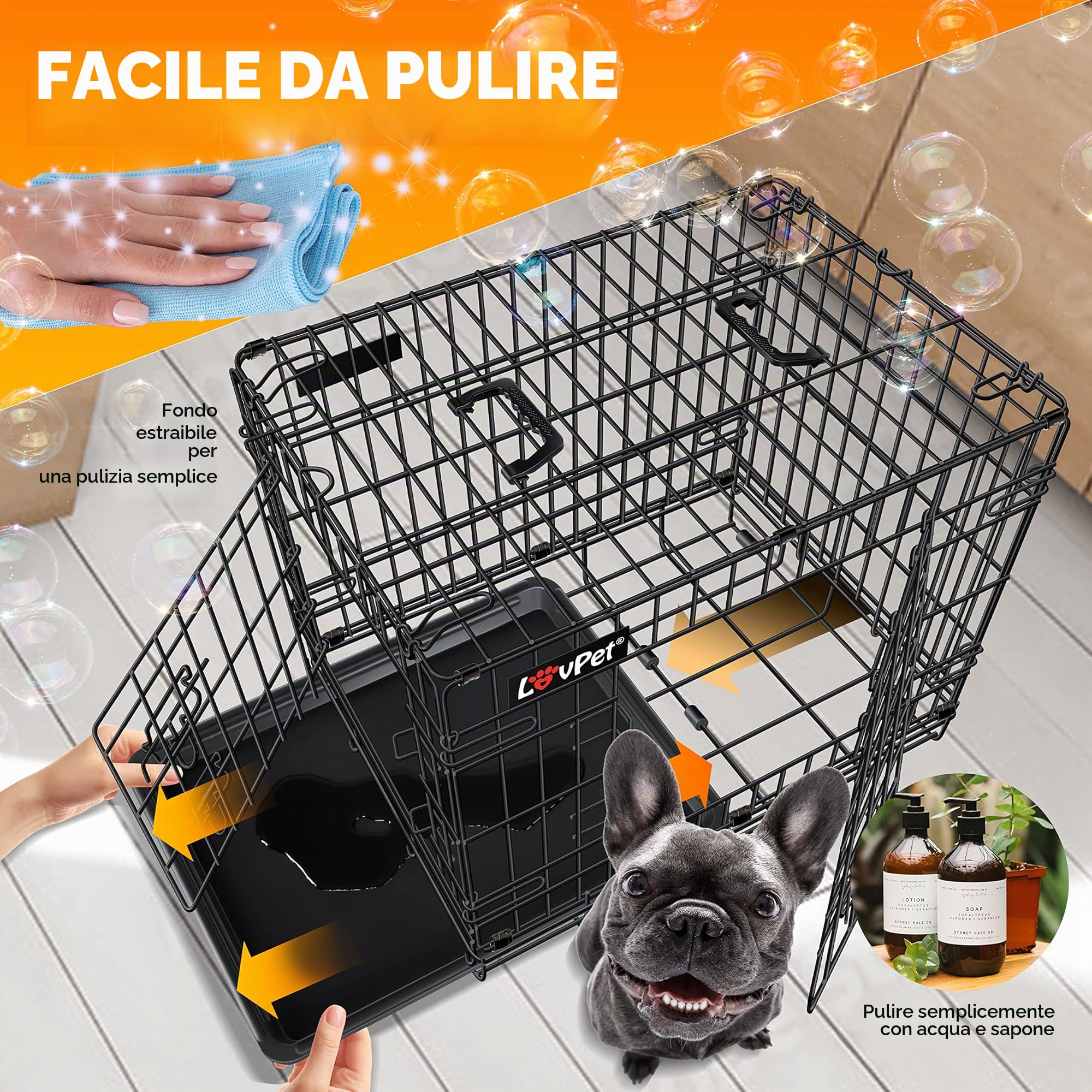 LOVPET® Gabbia pieghevole per Cani con Coperta in Pile + Ciotola per Cani con 2 porte Gabbia per Trasporto Auto - 92,5x57,5x64 cm, Trasportino per Animali con Pavimento, L - Nero