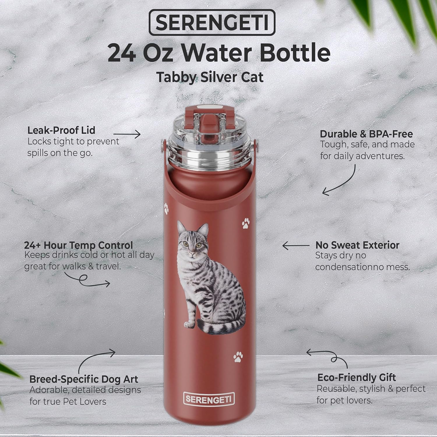 Silver Tabby Stainless Steel Water Bottle 24 Oz. with Spill Proof detachable straw - Double walled Vacuum Insulated water flask - Realistic 3D Print - SERENGETI waterbottle (Tabby Silver)
