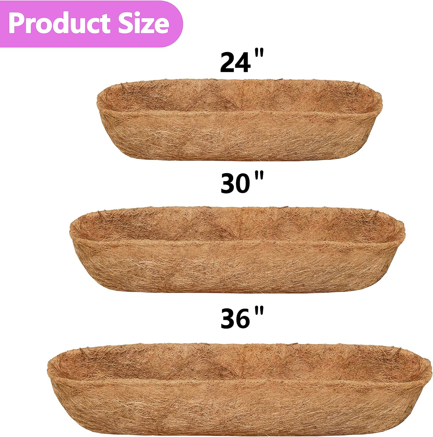 TigeJoy 4PCS 24 Inch Trough Coco Coir Liners Planter Replacement, 100% Natural Thick Coco Fiber Liner for Flower Box Decks Garden Window Pots, Half Moon Shape Coconut Liner Outdoor
