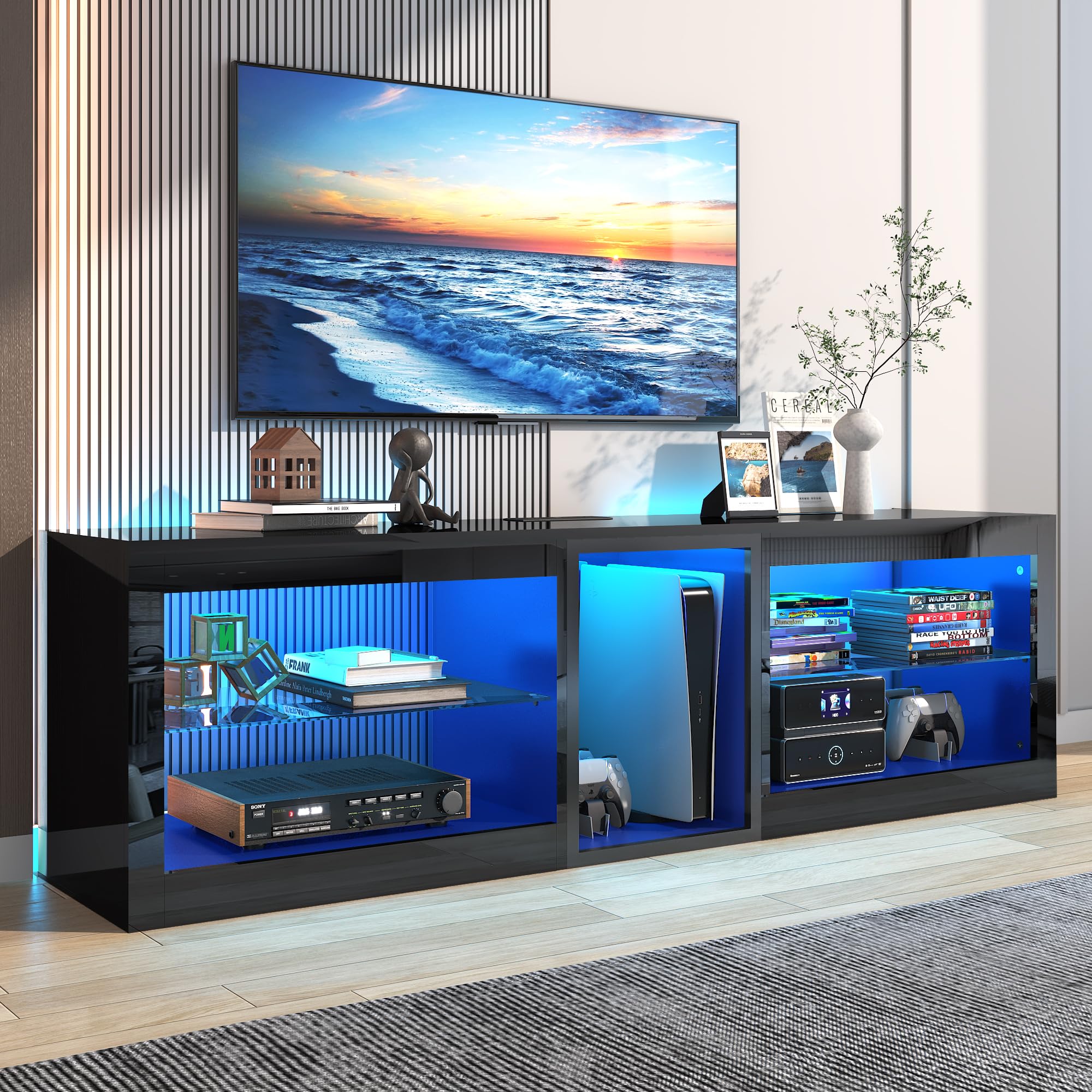 LED TV Stands w/Power Outlet,60,00-Colors Lighting for 65 70in TV, 63" Modern High Gloss Entertainment Center,TV Console W/Adjustable Glass Shelves for Living Room Game Bedroom (Black)
