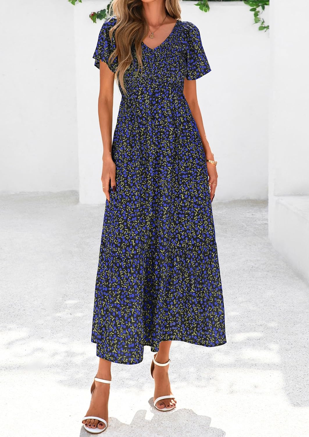 PRETTYGARDEN Boho Dresses for Women 2026 Summer Floral Short Sleeve V Neck Smocked Flowy Beach Vacation Maxi Dress - Image 8