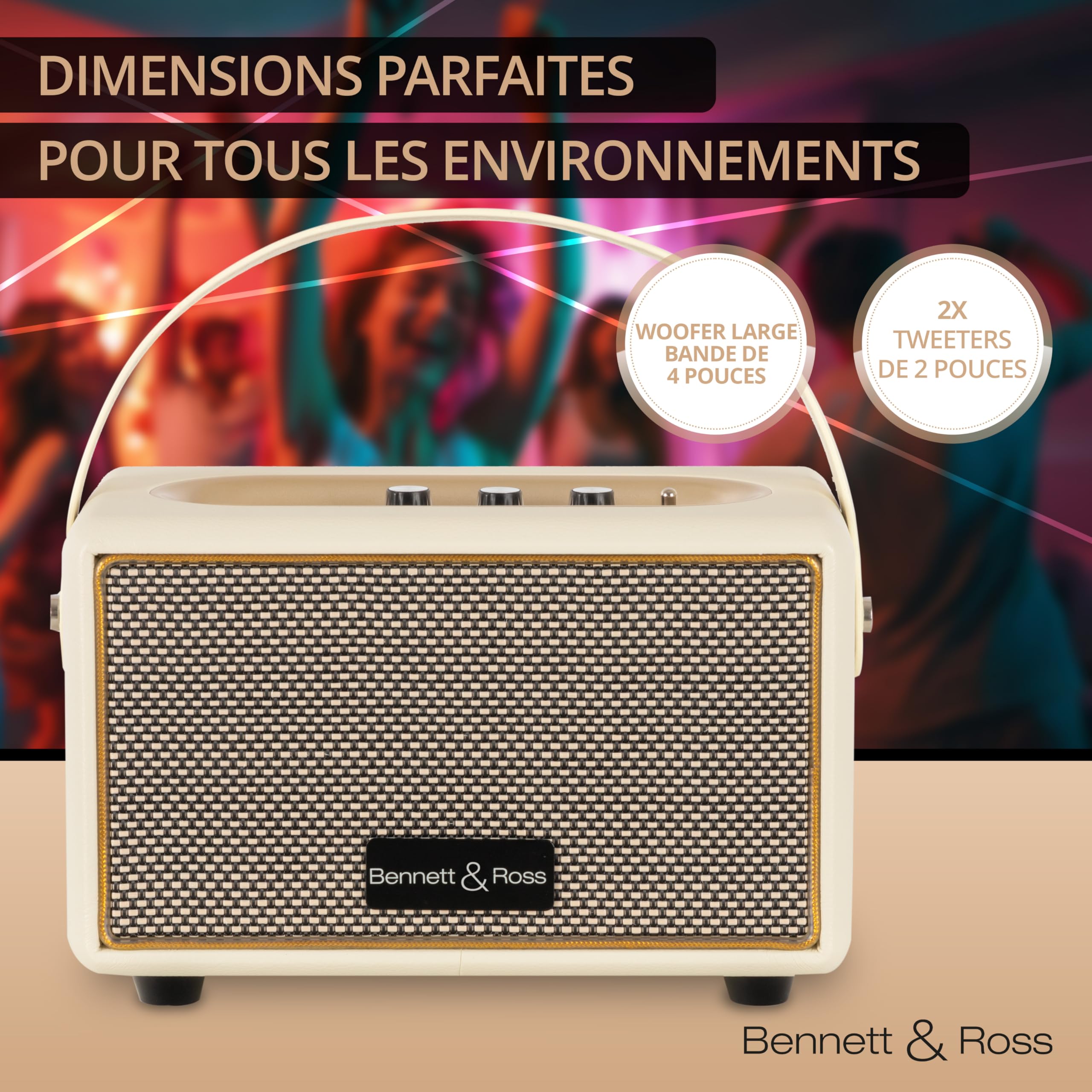 Bennett & Ross BB-820CW Blackmore Junior - Haut-Parleur Bluetooth rétro en Cuir avec accu 5200 mAh - Haut-Parleur Vintage avec 20W - Entrée MicroSD avec Lecteur MP3 - Aux-in - Enceinte Blanc créme