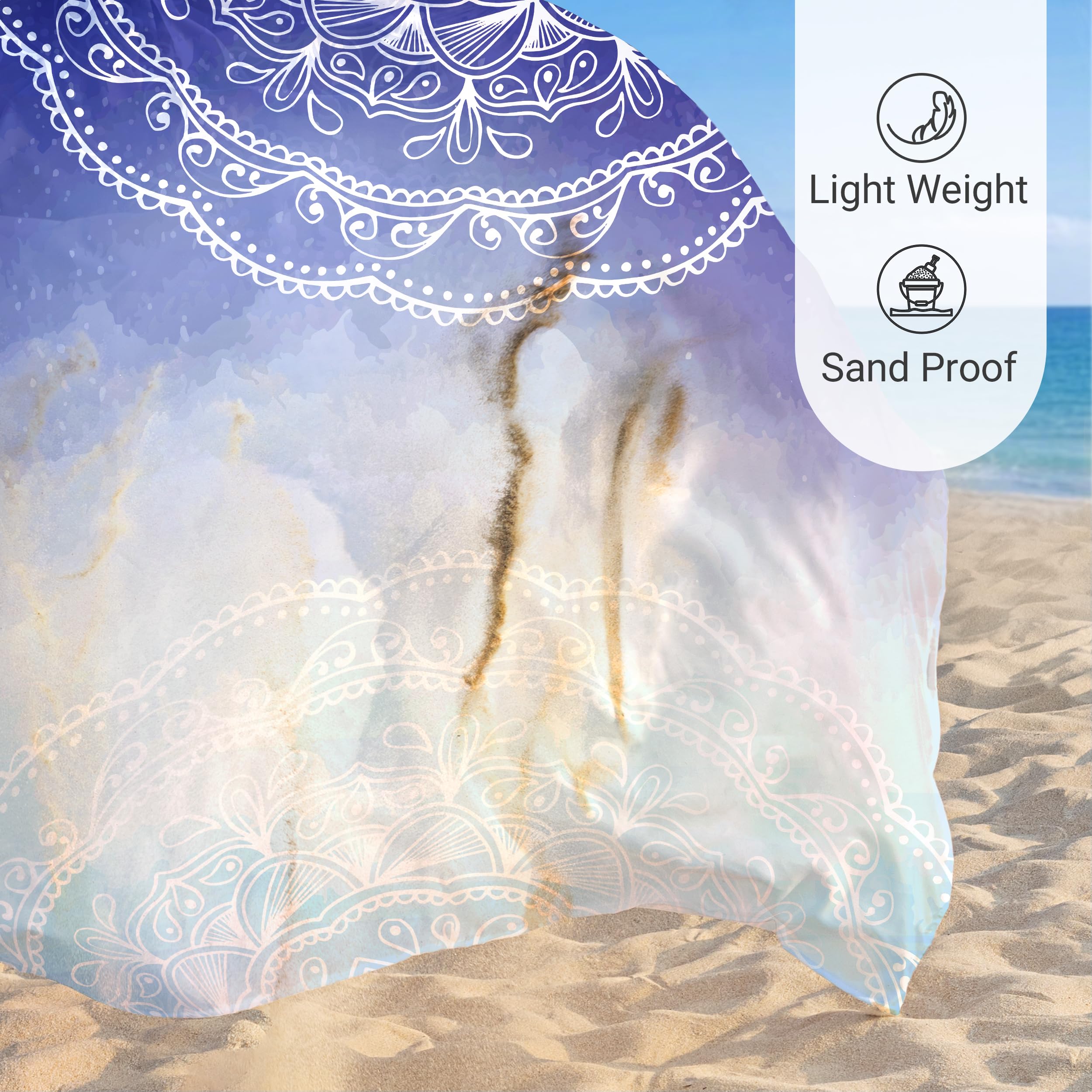 Sunlit Couverture de Plage Douce et Soyeuse de 215,9 x 182,9 cm, Tapis Anti-Sable avec Poches d'angle et Sac en Maille pour fête de Plage, Voyages, Camping et Festival de Musique en Plein air, Motif