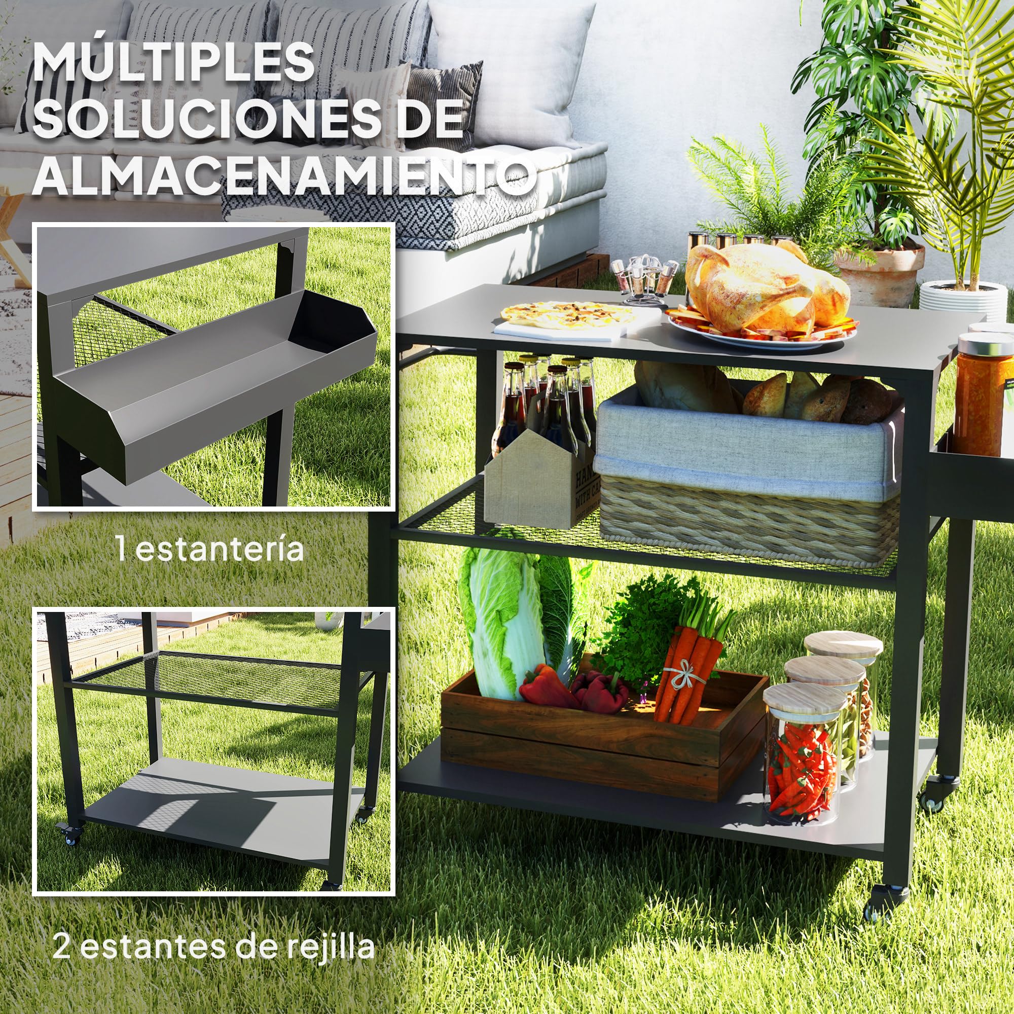 Outsunny Carrito de Parrilla de 3 Niveles Carrito de Barbacoa Carrito de Servicio con 4 Ruedas Estantes y Asa Mesa de Horno de Pizza para Jardín Patio Negro