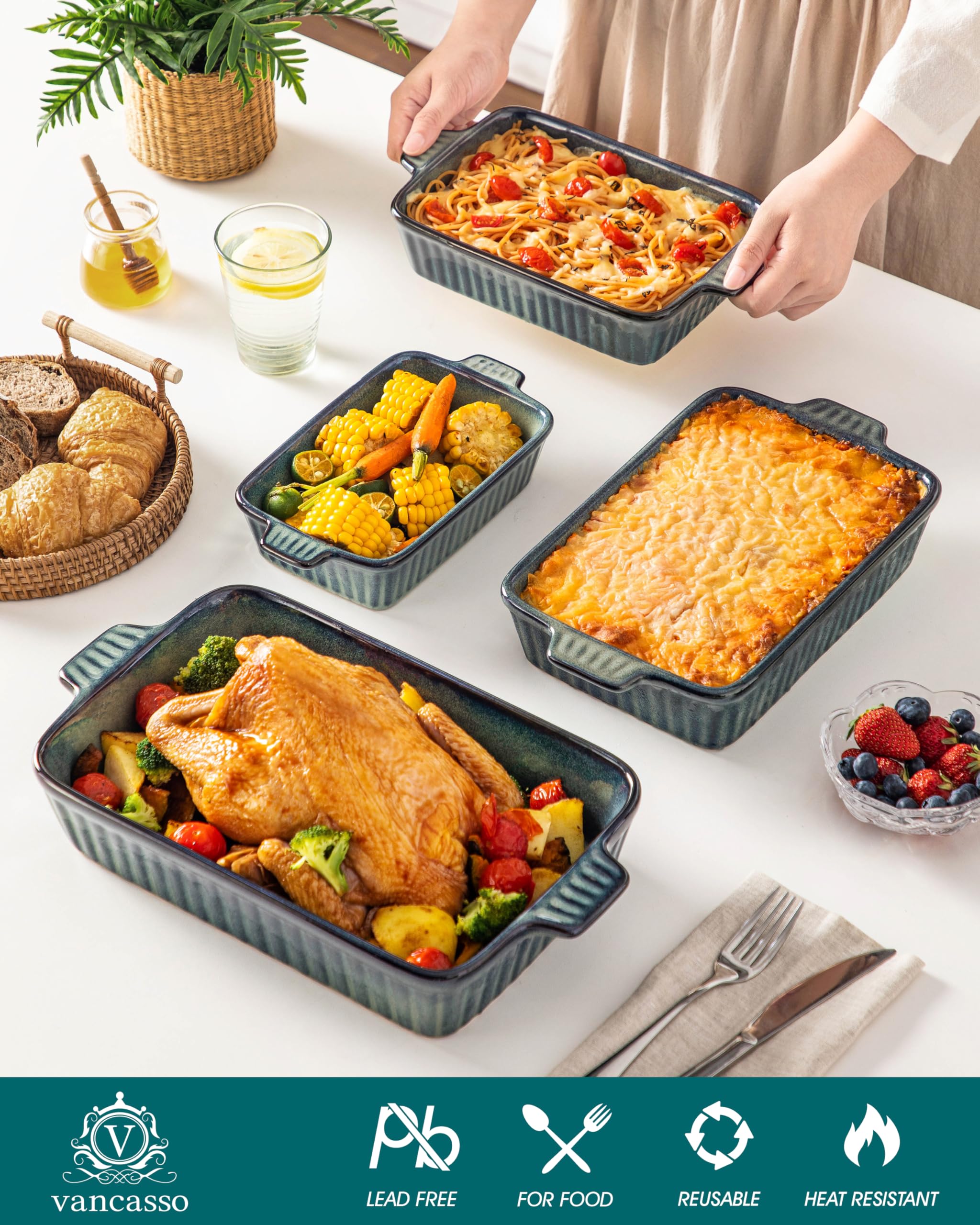 vancasso Auflaufform, 4-teilig Set Auflaufform Groß & Klein (37, 30, 28, 24 cm), Lasagne Auflaufform Rechteckig mit Griffen, Baking Dish aus Steingut Ofen & Spülmaschinenfest, Grün