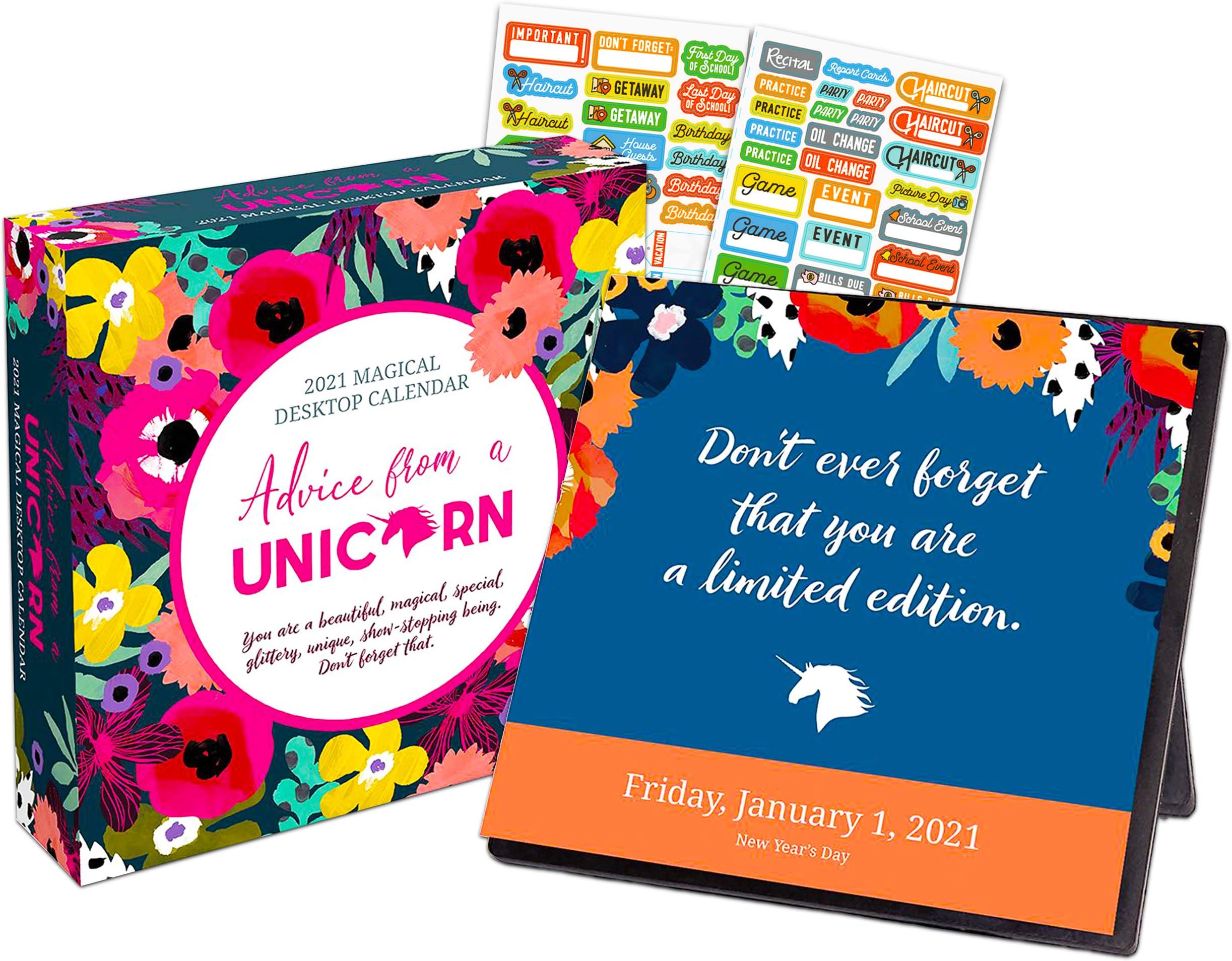 Advice from A Unicorn 2021 Calendar Box Edition Bundle - Deluxe 2021 Funny Unicorns 365 Daily Pages Box Calendar with Over 100 Calendar Stickers
