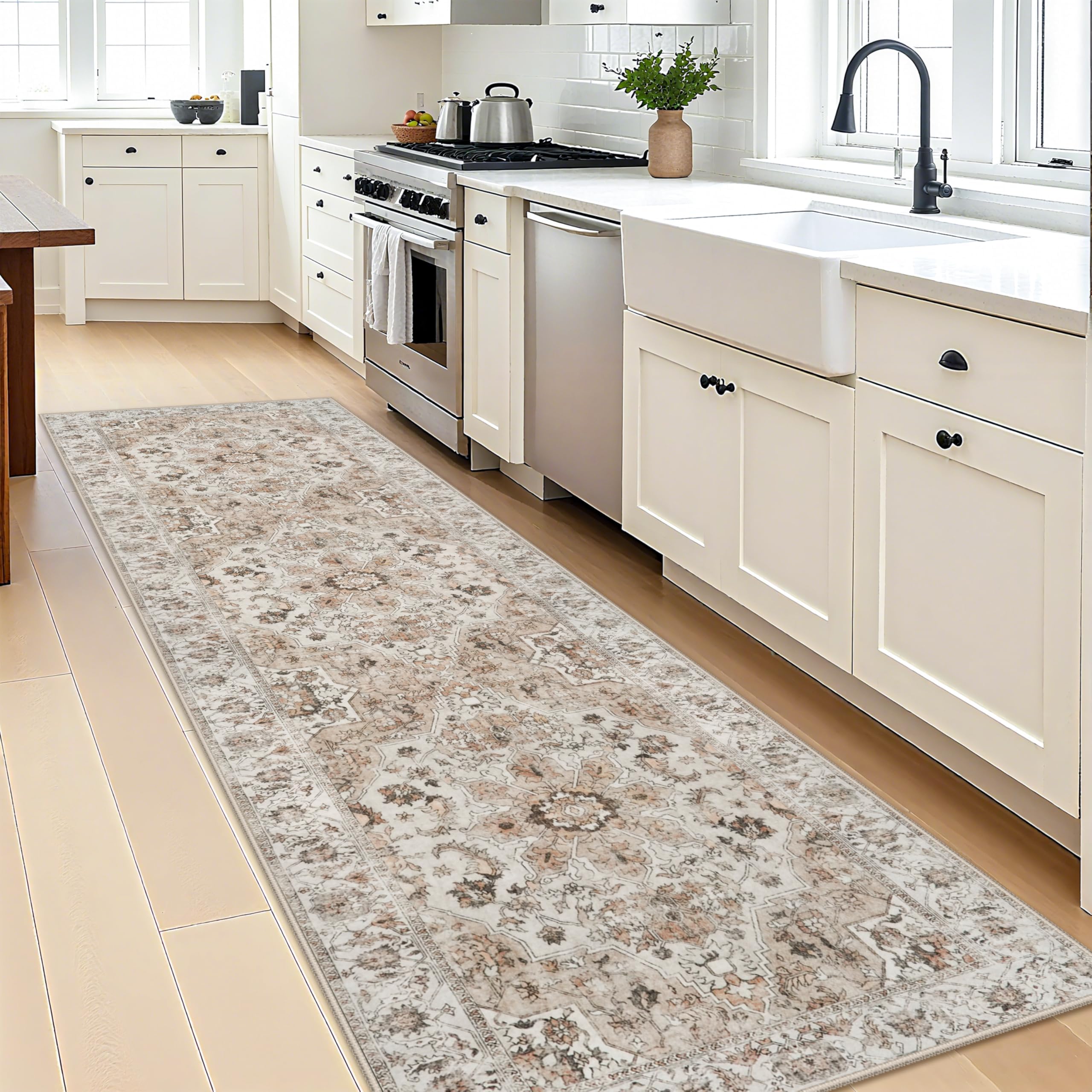 Washable Hallway Runner Rug 3x10: Non Slip Runner Rugs with Rubber Backing Soft Kitchen Rug Farmhouse Distressed Carpet Runner for Living Room Bedroom Bathroom (Beige, 3X10)