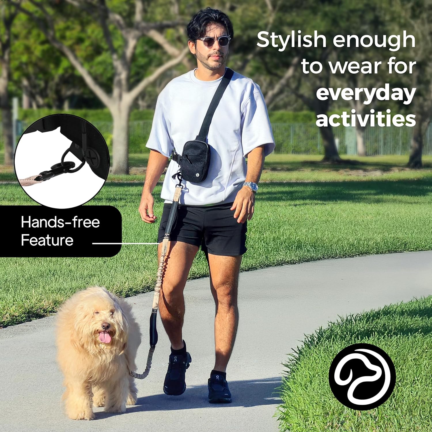 ハンズフリー 犬用リード プーピーバッグディスペンサーとデュアルバンジー付き クロスボディバッグ収納 - 中型および大型犬用(ブルー