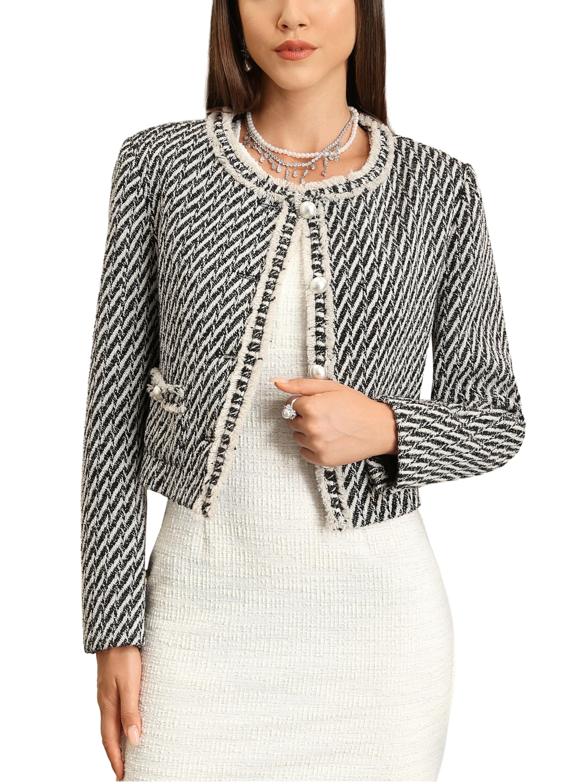 M Infisavo Tweed Blazer Jackets for Womens with Pockets Cropped Long Sleeve Open Front Collarless Elegant Casual Cardigan