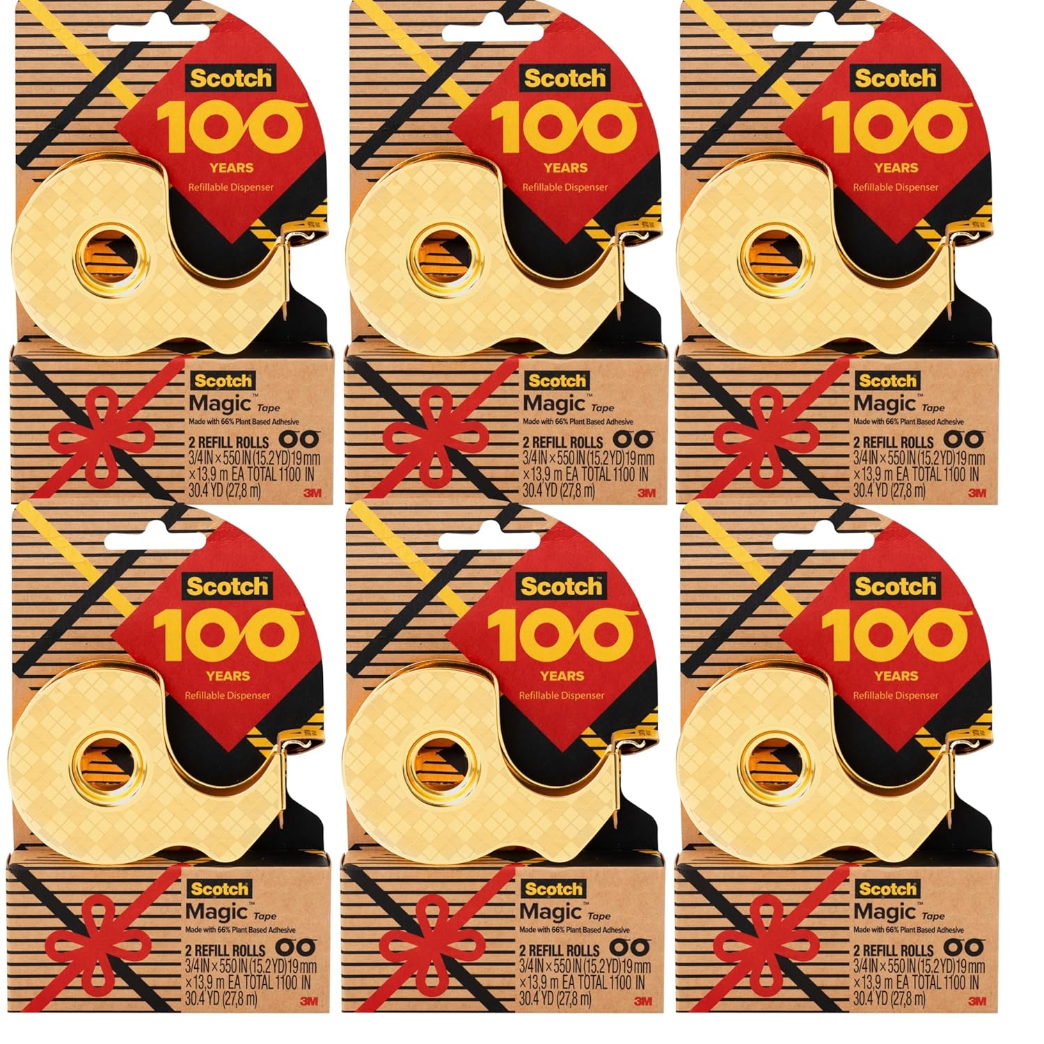 Scotch 100-Year Anniversary Limited Edition Gold Tape Dispensers, Includes 12 Rolls of Scotch Magic Tape (3/4 in x 550 in, 66% Plant-Based Adhesive), Refillable, 6 Dispenser Pack