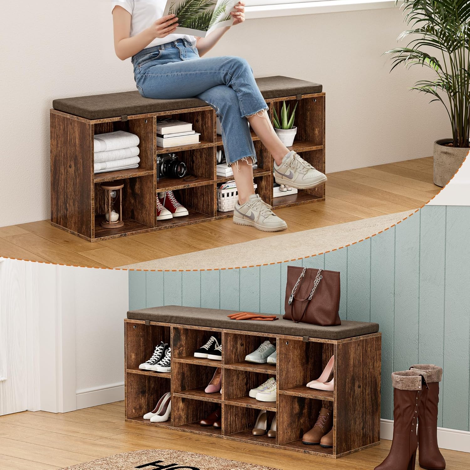 TJYGO Shoe Bench used for multi-purpose storage, holding books, bags, and decorative items in its cubbies.