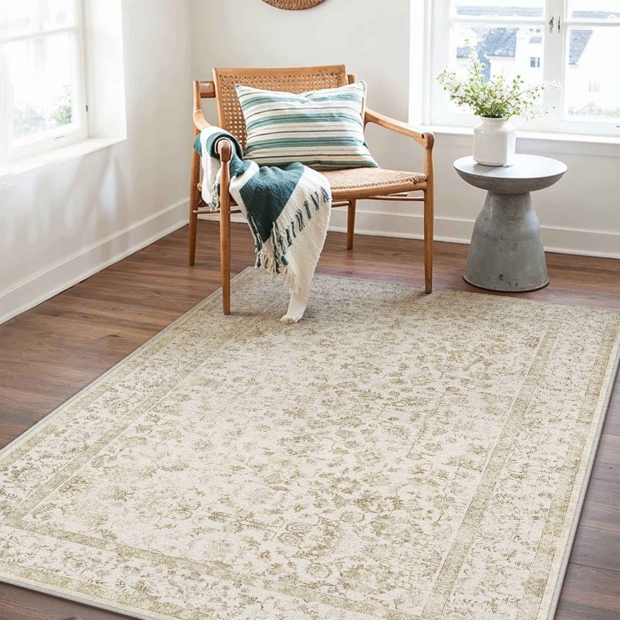 PureCozy 3x5 Brown Area Rug Washable Non Slip Vintage Carpet Living Room