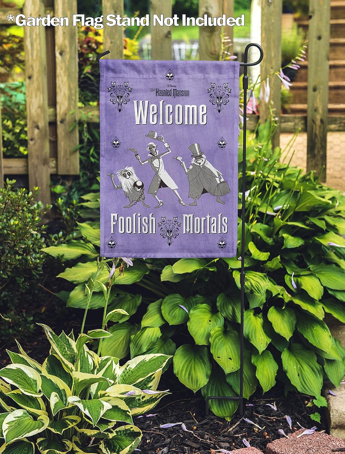 Flagology, Disney Haunted Mansion Hitchhiking Ghosts Foolish Mortals – Garden Flag 12" x 18", Exclusive Fabric, Licensed Disney, Halloween