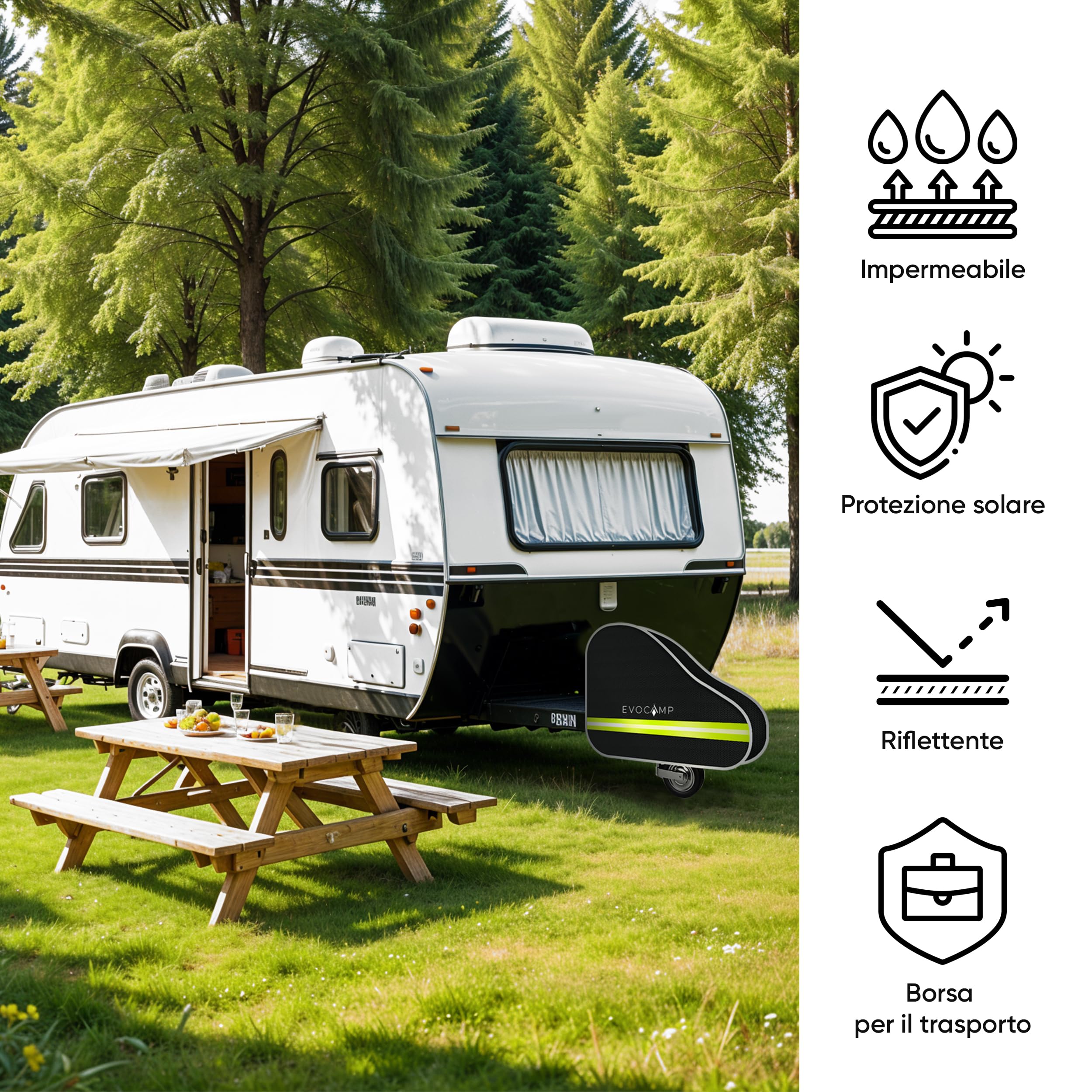 EVOCAMP copertura timone caravan impermeabile, copritimone per camper, impermeabile copertura gancio traino, borsa inclusa, accessori roulotte, telo copri roulotte, copri gancio traino per rimorchi