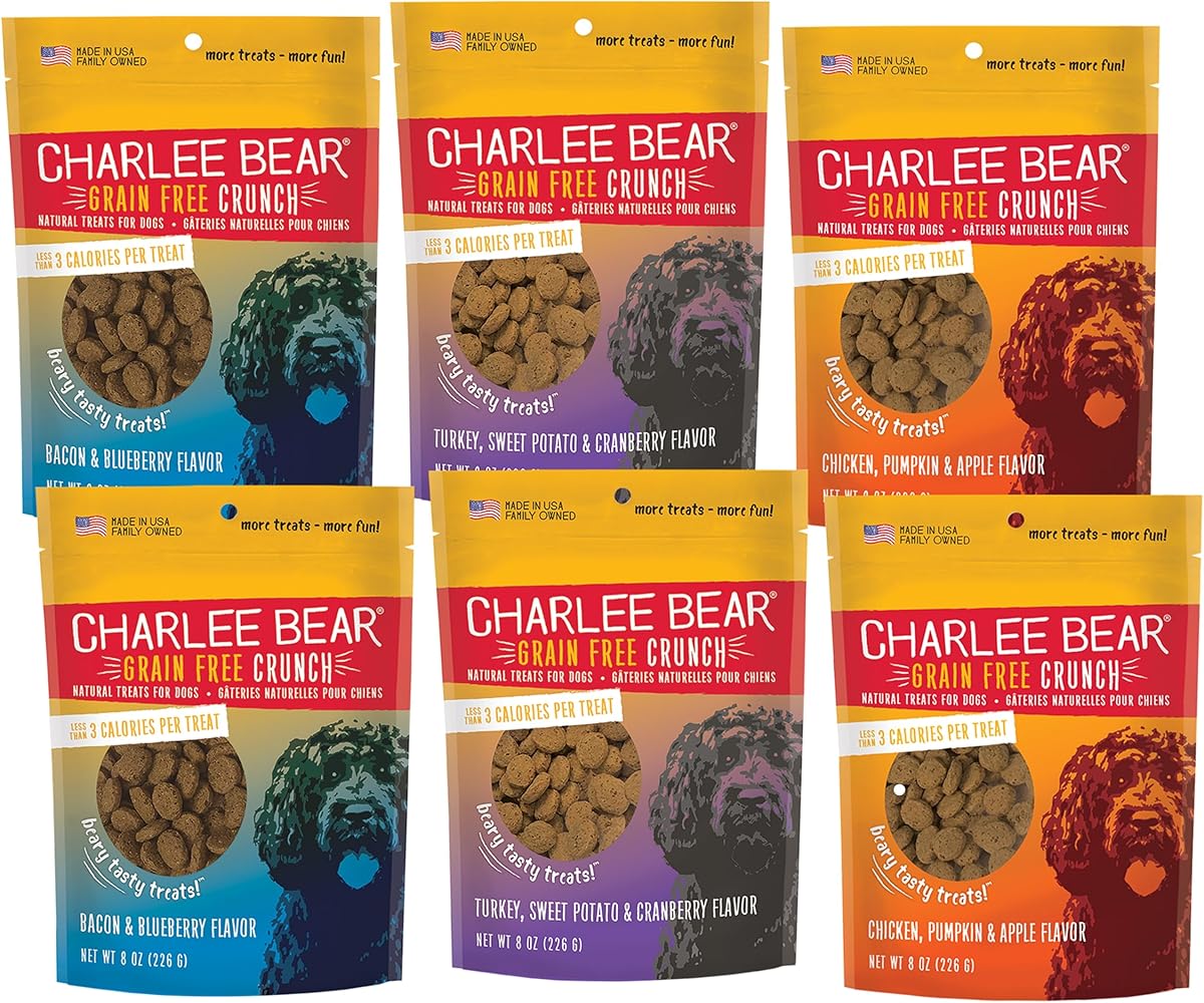 Charlee Bear Dog Training Treats for Small, Medium & Large Breeds, Crunchy Low Calorie Grain Free Dog Treats, USA Made, Three Flavor Variety 6 Pack, 8oz Each