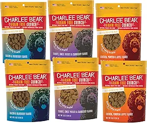 Charlee Bear Dog Training Treats for Small, Medium & Large Breeds, Crunchy Low Calorie Grain Free Dog Treats, USA Made, Three Flavor Variety 6 Pack, 8oz Each