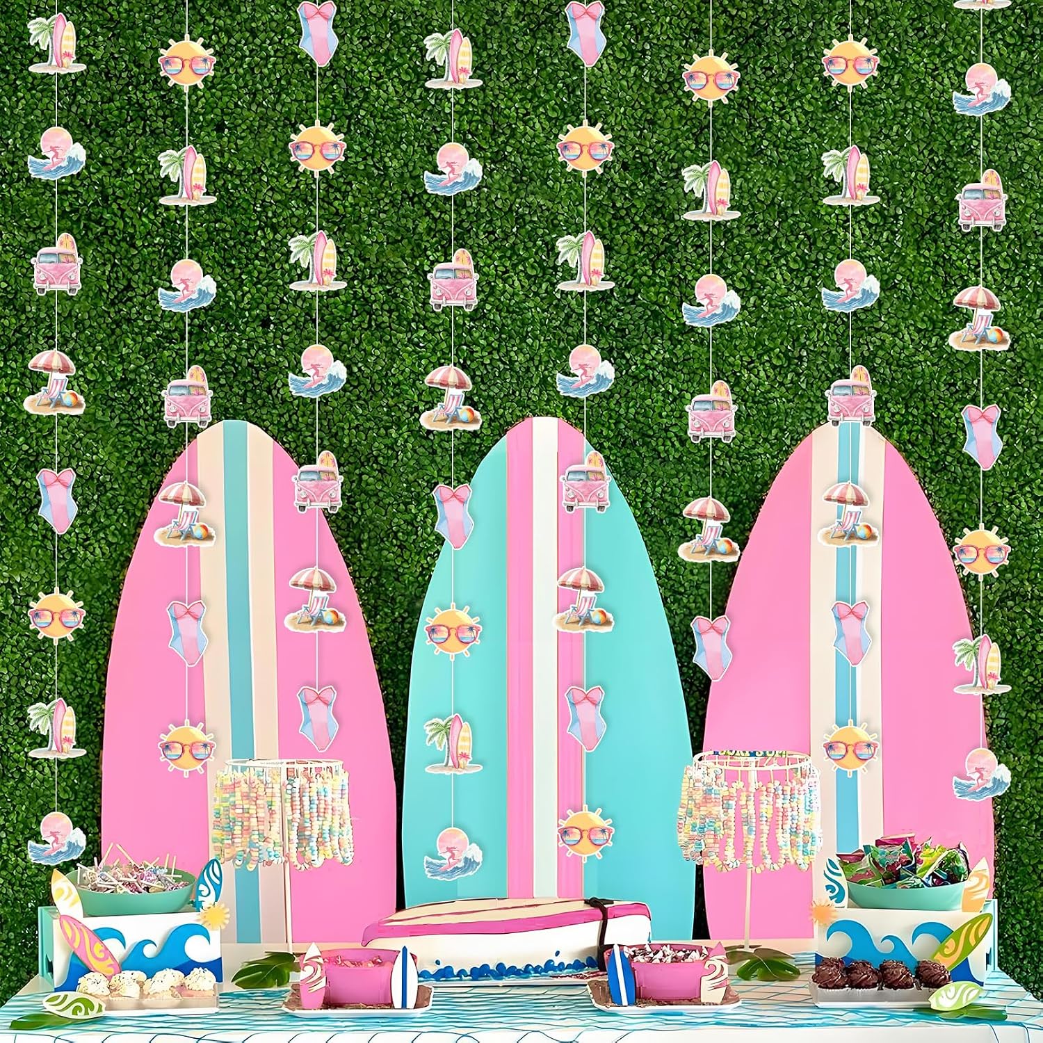 8pcs Surf Themed Paper Garlands, Party Hanging Streamers, Surfing Banner, Beach Summer Hawaii Surf Birthday Baby Shower Decorations for Girls, Surfboard Party Supplies Favors Pre-Strung