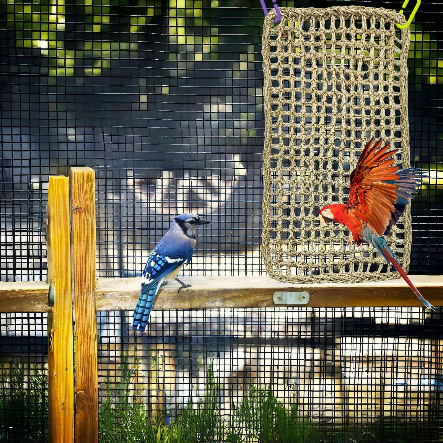 Large Bird Seagrass Mat 24 × 14 ''Natural Seagrass Woven Bird Net Hammock Climbing Rope Ladder with Hooks Chew Toy for Parrot Guinea Pig Lovebird Cockatiel Pigeon