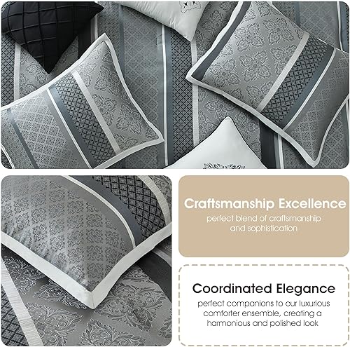 Miniatura 6 de Grand Avenue Juego de edredón geométrico gris tamaño California King, juego de ropa de cama jacquard de 7 piezas, ultra suave, fundas a juego, falda