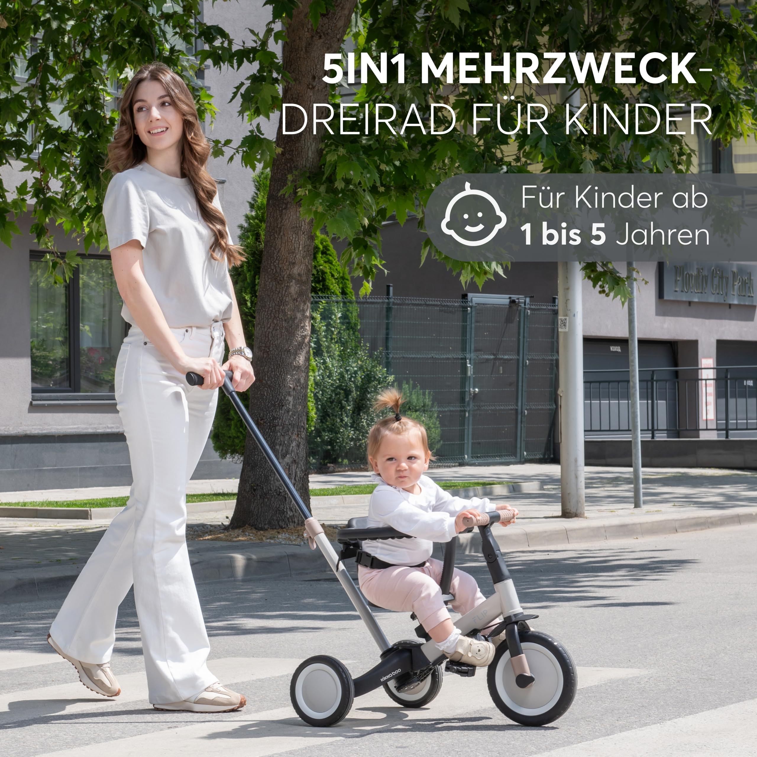 KikkaBoo FLIP Dreirad ab 1 Jahr mit Schubstange - Bis zu 5 Jahre, Laufrad 5-in-1, Umwandelbares Kinderdreirad zum Laufrad mit oder ohne Pedale, verstellbar und umbaubar, Schwarz
