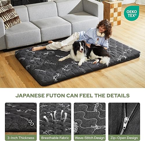Miniatura 4 de Colchón japonés futón tamaño individual viscosa derivada de bambú, tapete de tatami de 3 pulgadas de grosor con espuma de alta densidad, cama