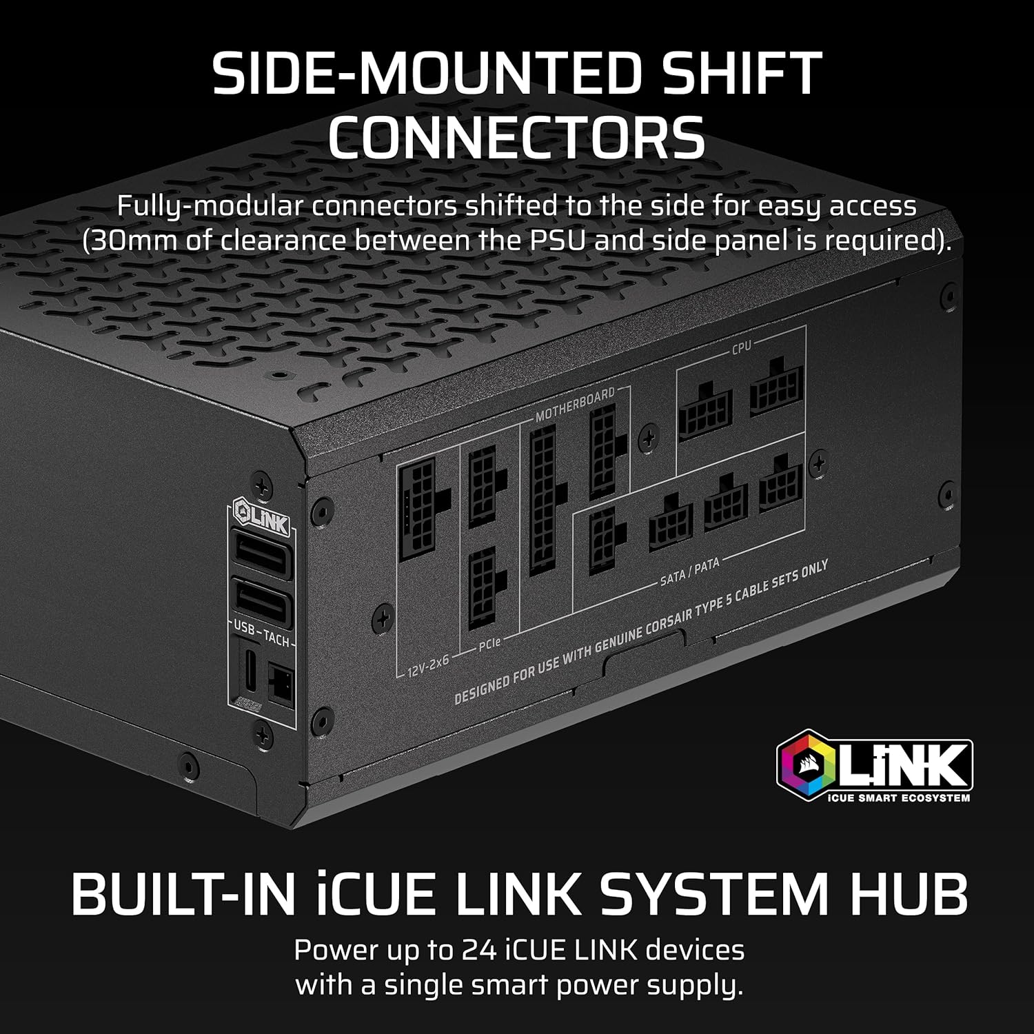 CORSAIR HX1200i Shift Fully Modular ATX Power Supply – Built-in iCUE Link System Hub, Native 12V-2x6 Cable, ATX 3.1 & PCIe 5.1, Side-Mounted Connectors, Cybenetics Platinum – Black