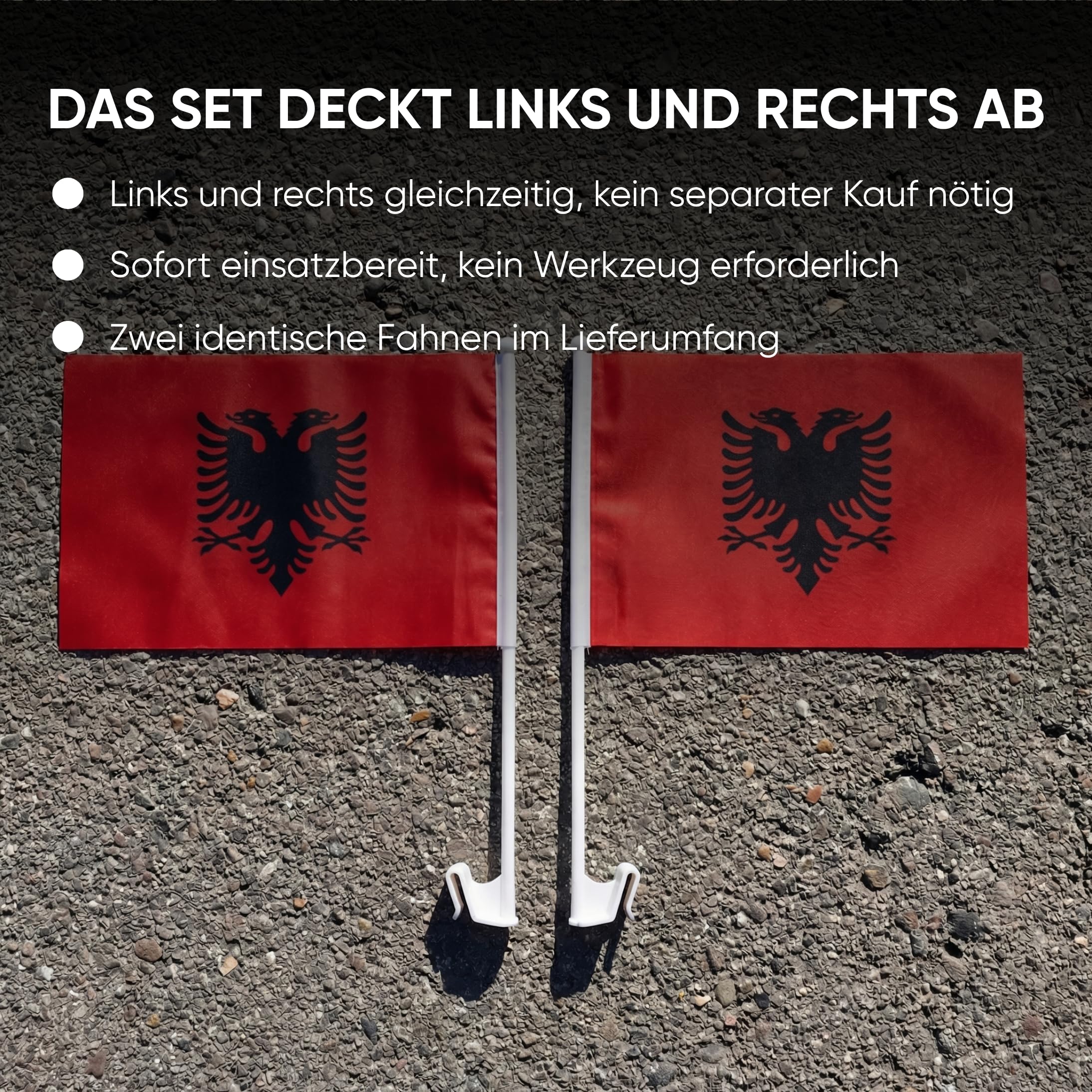 Auto Fahnen Albanien Set - Motorhauben Fahne & 2 Autofahnen für Fenster, Fußball Fanartikel FZG für EM & WM, Albanische Flagge Deko Set