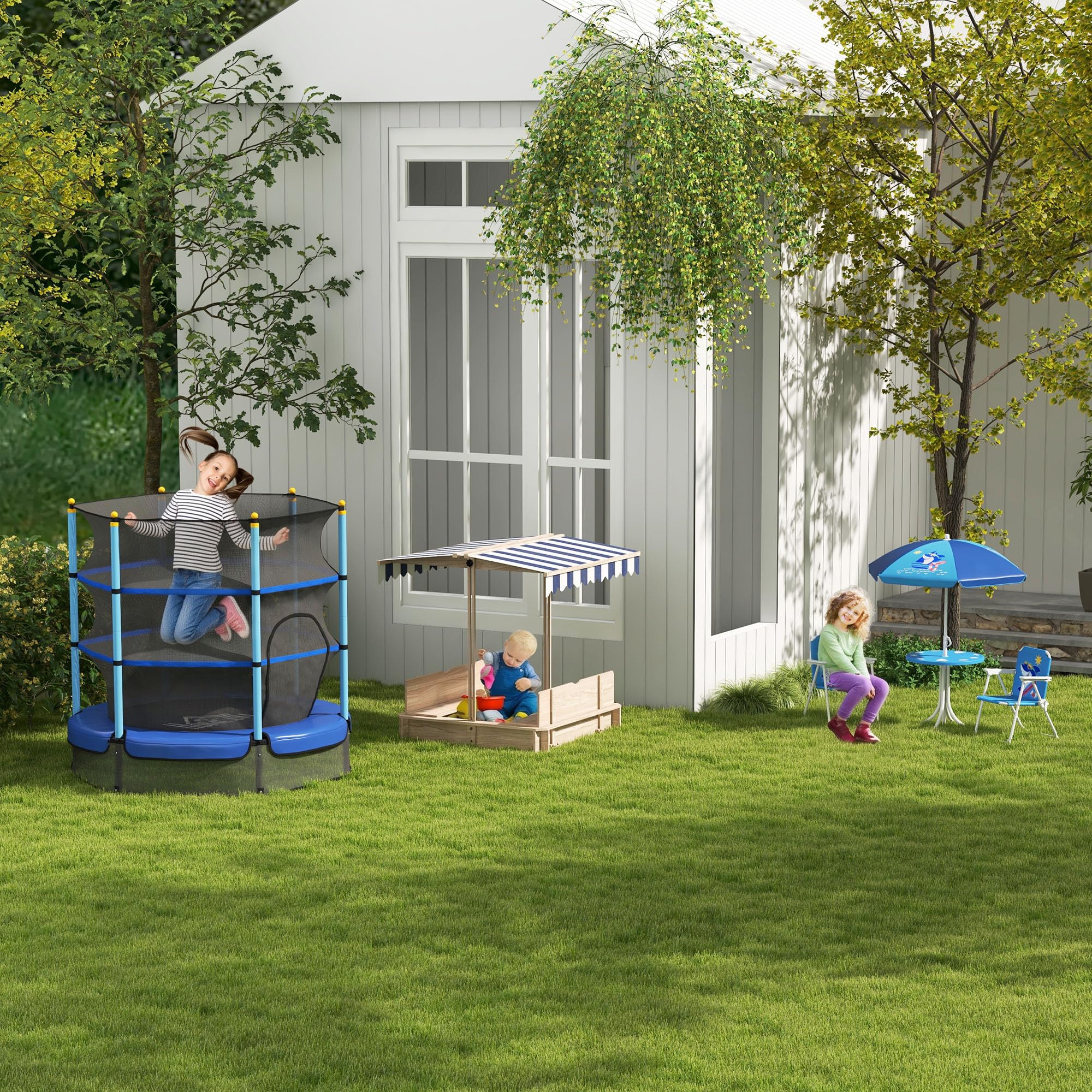 Outsunny Kindersitzgruppe, 4 teilige Kindersitzgarnitur mit Sonnenschirm, Kindertisch mit 2 Klappstühlen, Outdoor Picknicktisch für Kinder 3-6 Jahre, Gartenmöbel für Garten, Hinterhof, Terrasse, Blau