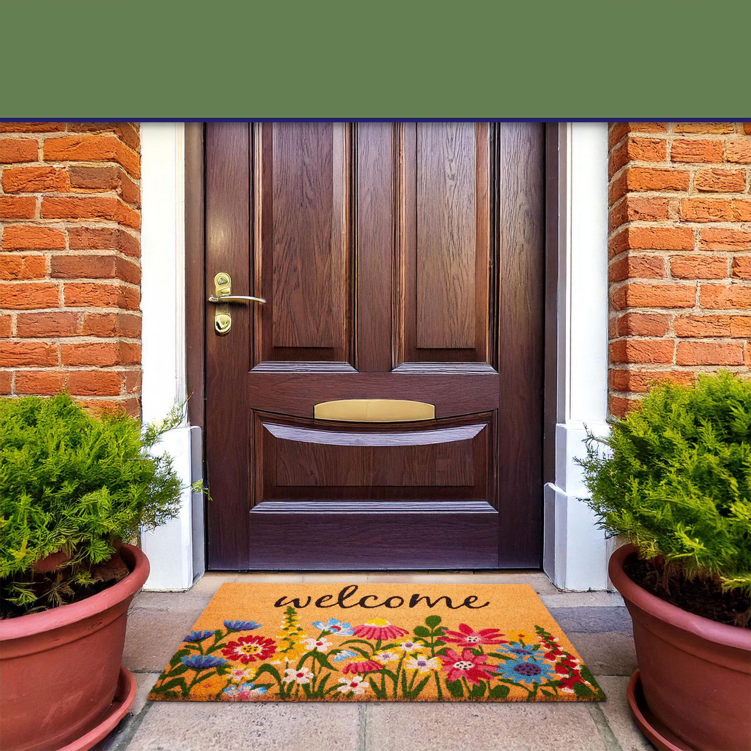 BRUBAKER Fußmatte für Außen und Innen - Welcome Blumenwiese - 45 x 75 cm Blumen Schmutzfangmatte aus Kokos - Antirutsch Fußabtreter Wetterfest und rutschfest - Türmatte - Braun Bunt