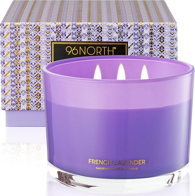 96NORTH Luxury Lavender Soy Candle | Large 3 Wick Jar Candle | Up to 50 Hours Burning Time | 100% Natural Soy Wax | Relaxing Aromatherapy Aesthetic Candle | Housewarming Gift for Women and Men