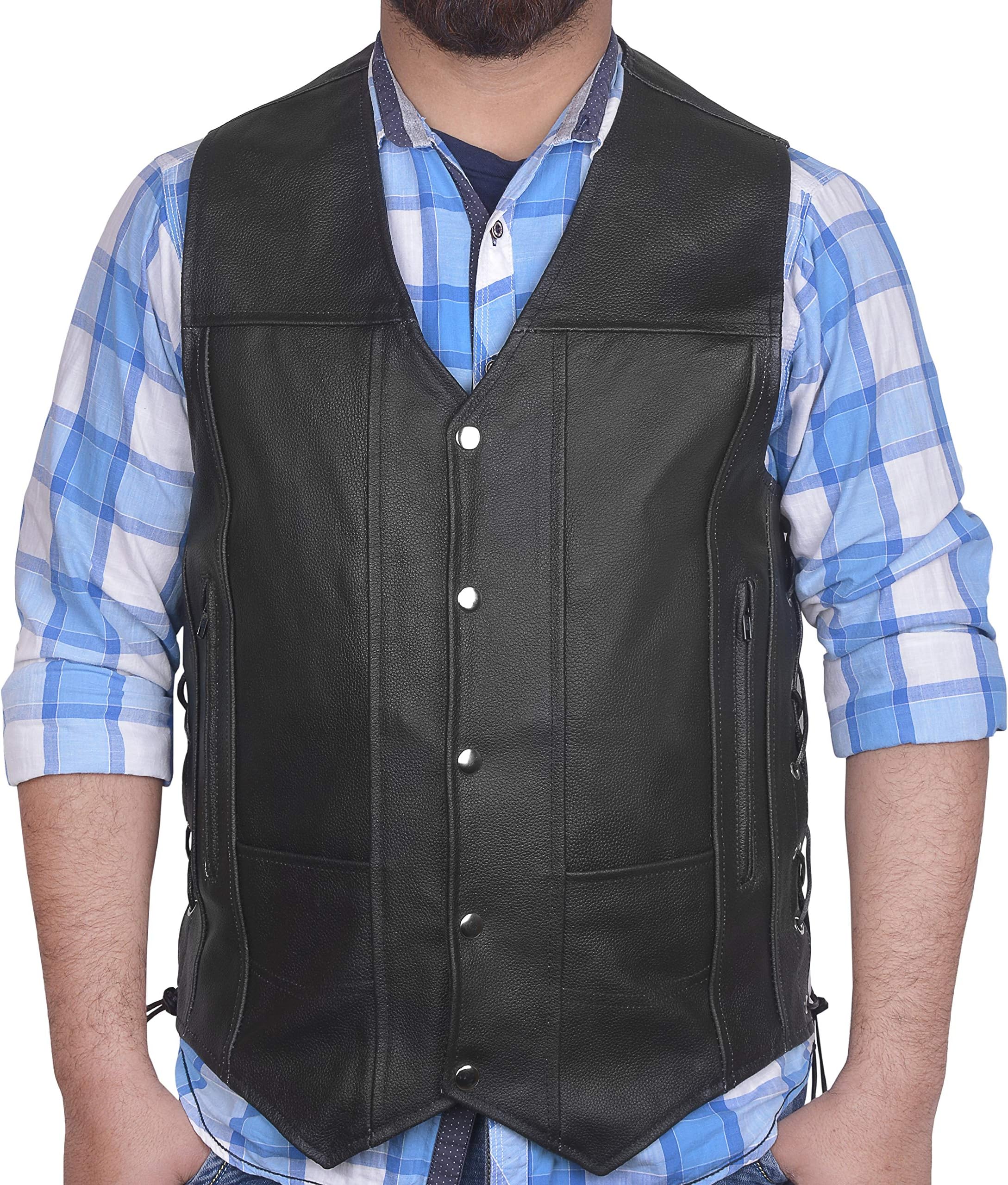 DEFY Men's Black Genuine Leather 10 Pockets Motorcycle Biker Vest New (XL (CHEST 44-46 INCHES))